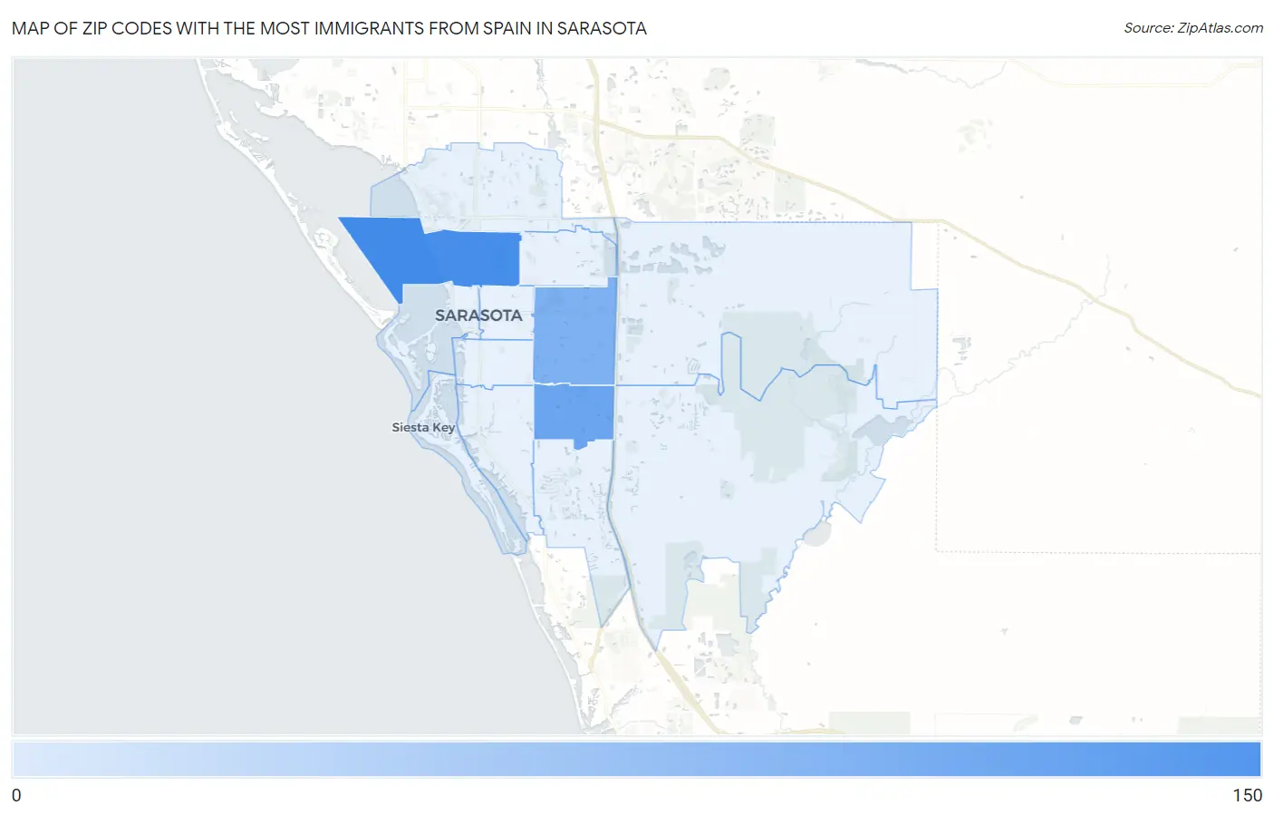 Zip Codes with the Most Immigrants from Spain in Sarasota Map