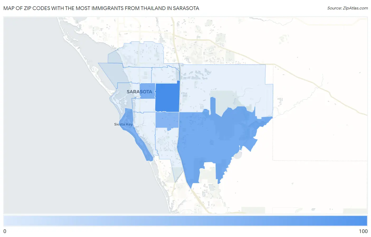Zip Codes with the Most Immigrants from Thailand in Sarasota Map