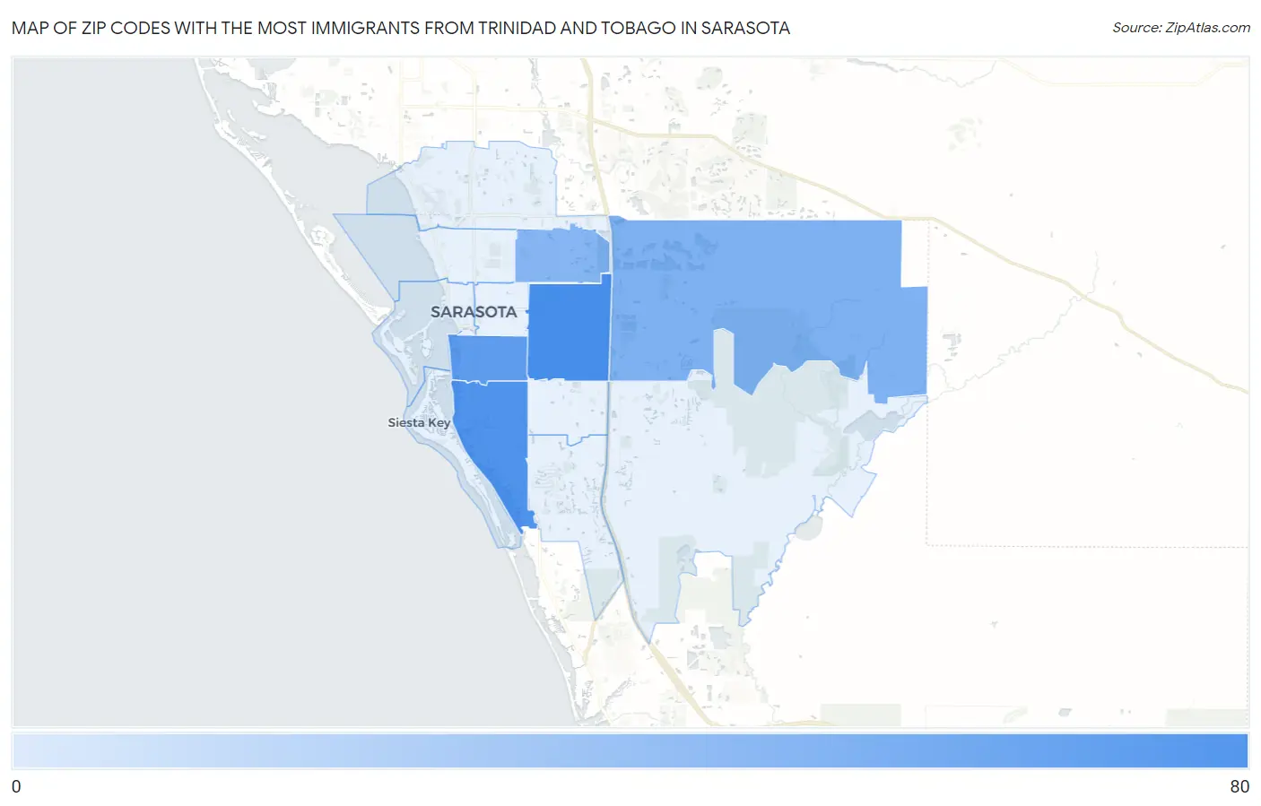 Zip Codes with the Most Immigrants from Trinidad and Tobago in Sarasota Map