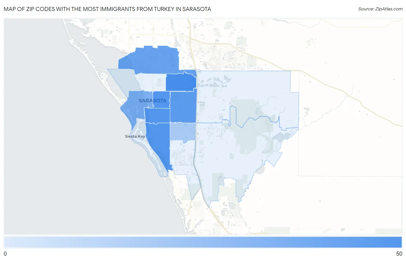 Zip Codes with the Most Immigrants from Turkey in Sarasota Map
