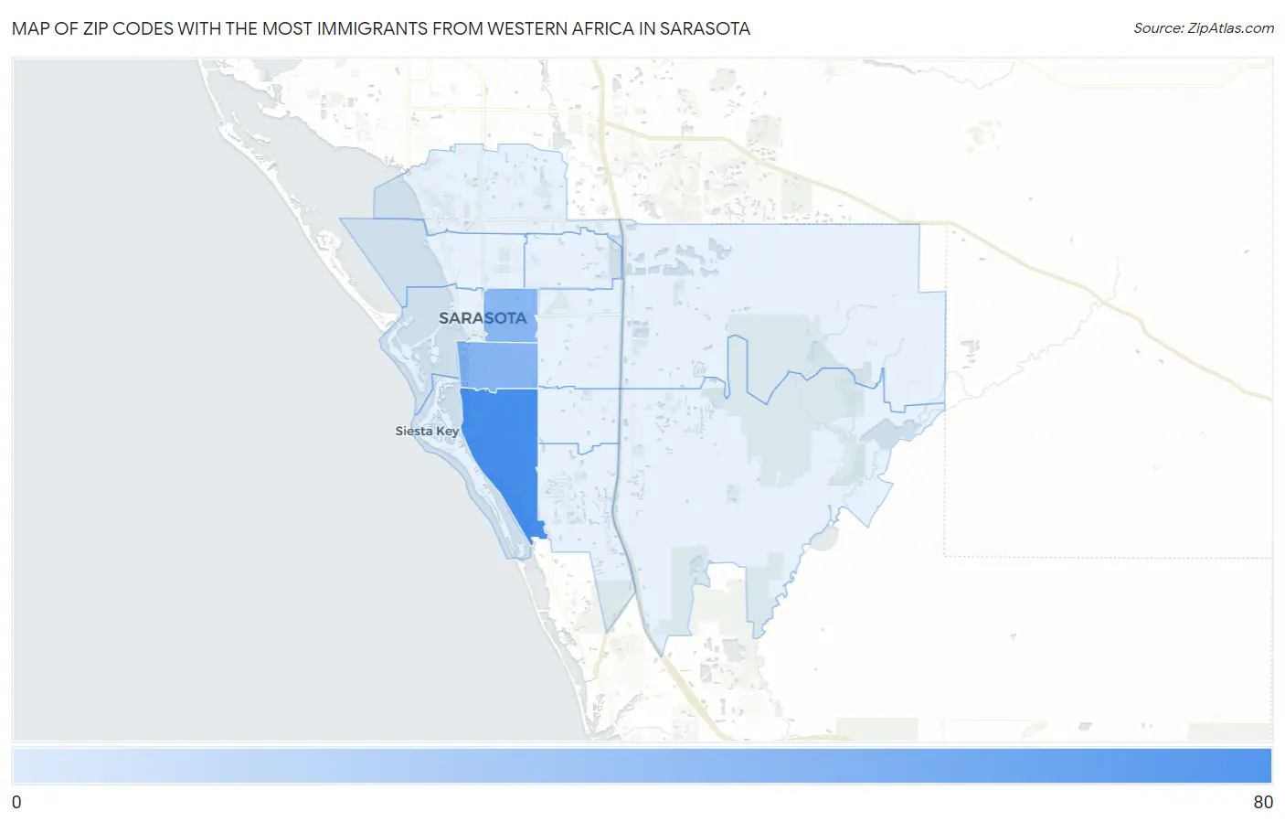 Zip Codes with the Most Immigrants from Western Africa in Sarasota Map