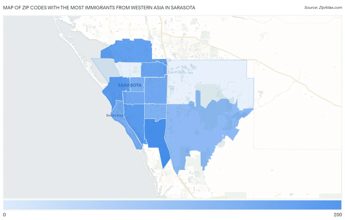 Zip Codes with the Most Immigrants from Western Asia in Sarasota Map