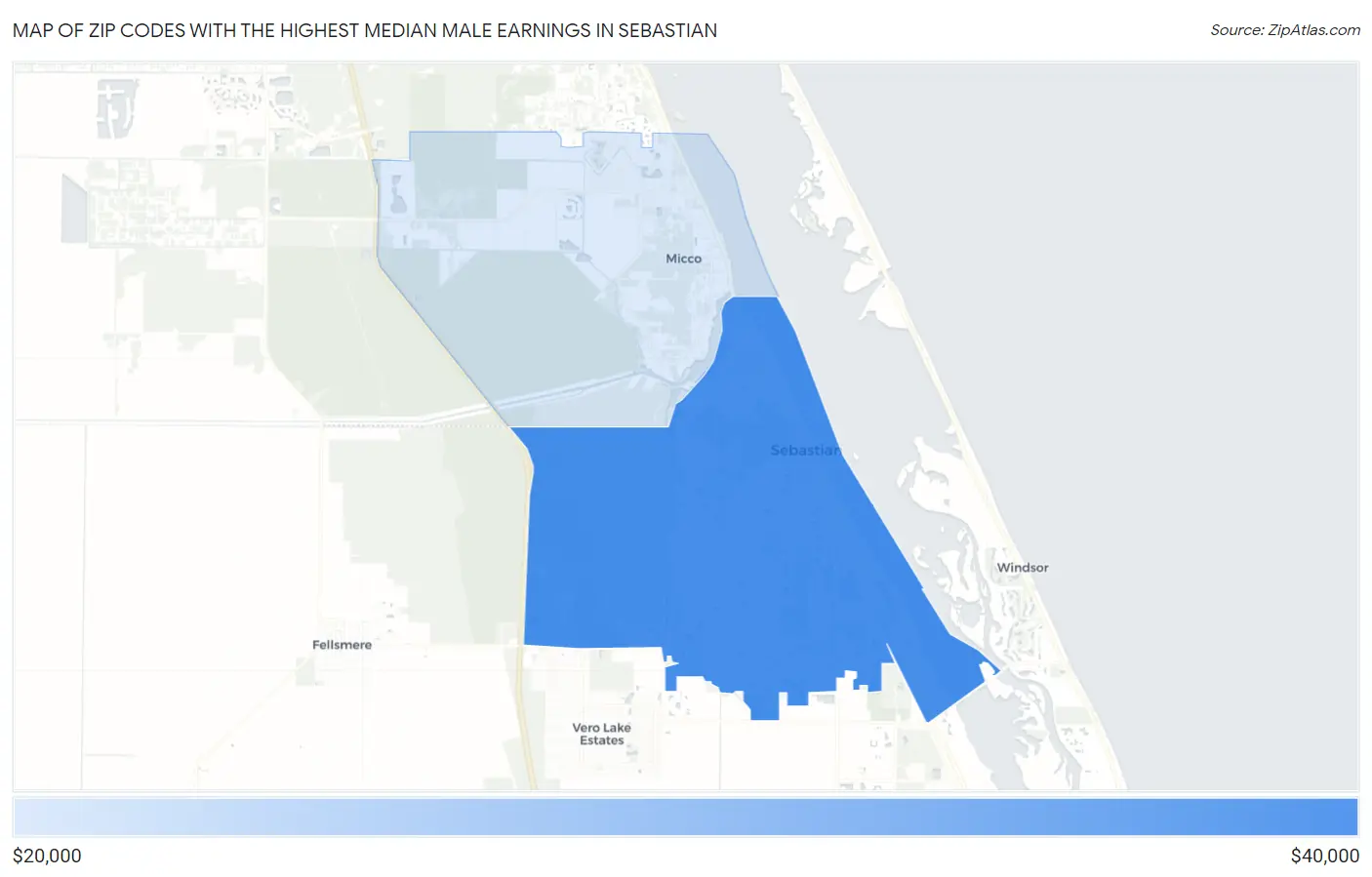 Zip Codes with the Highest Median Male Earnings in Sebastian Map