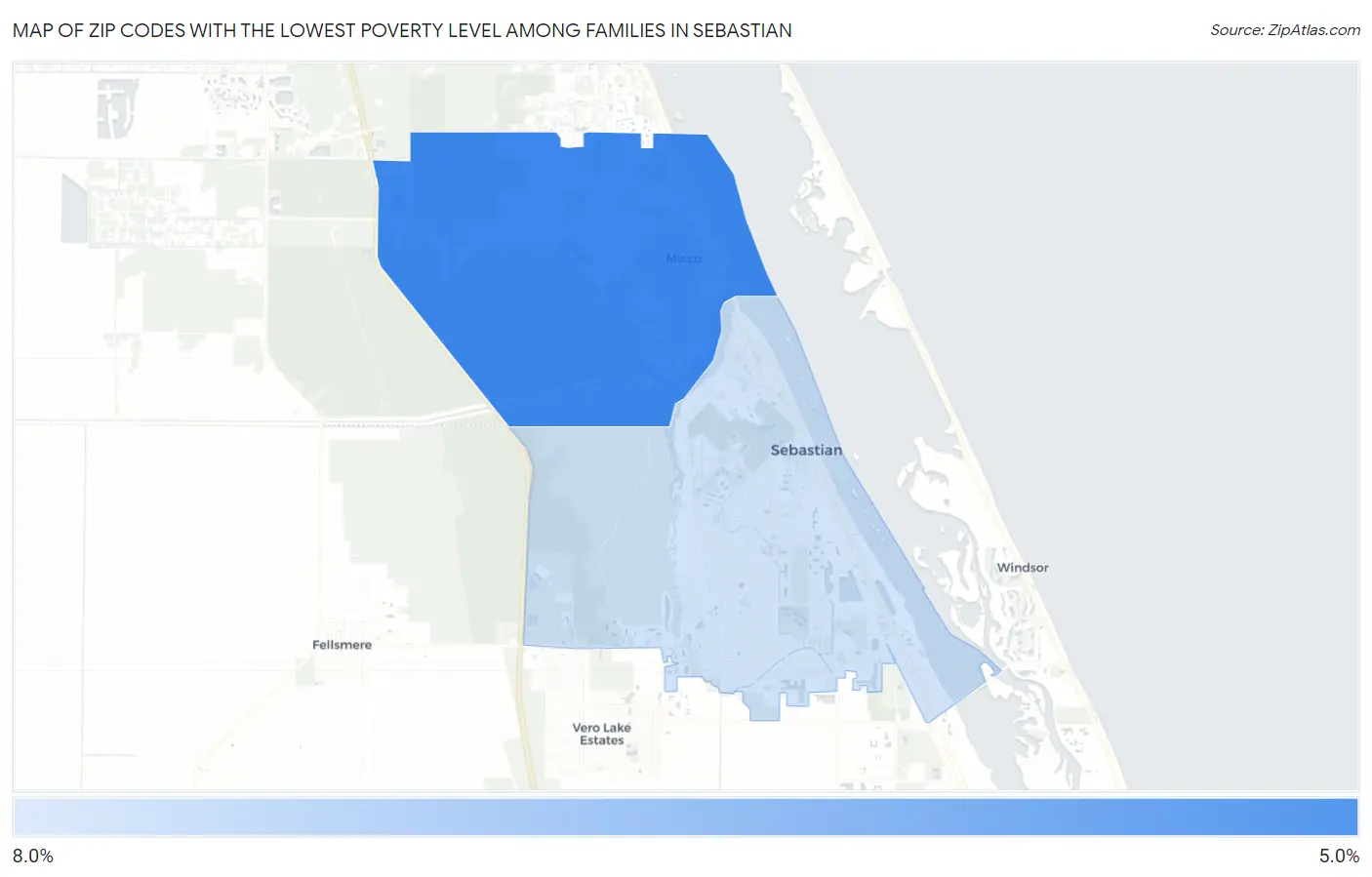 Zip Codes with the Lowest Poverty Level Among Families in Sebastian Map