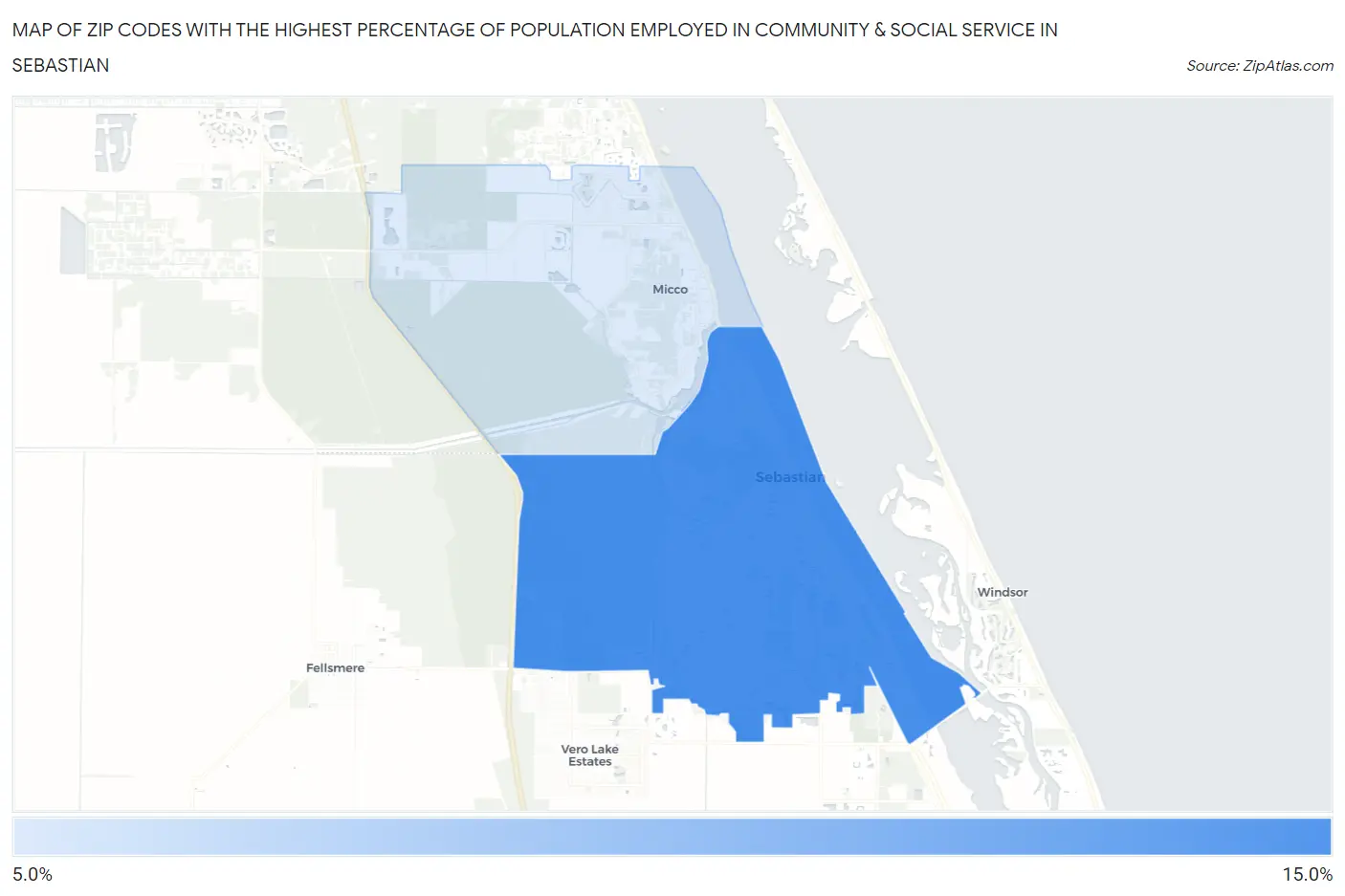 Zip Codes with the Highest Percentage of Population Employed in Community & Social Service  in Sebastian Map