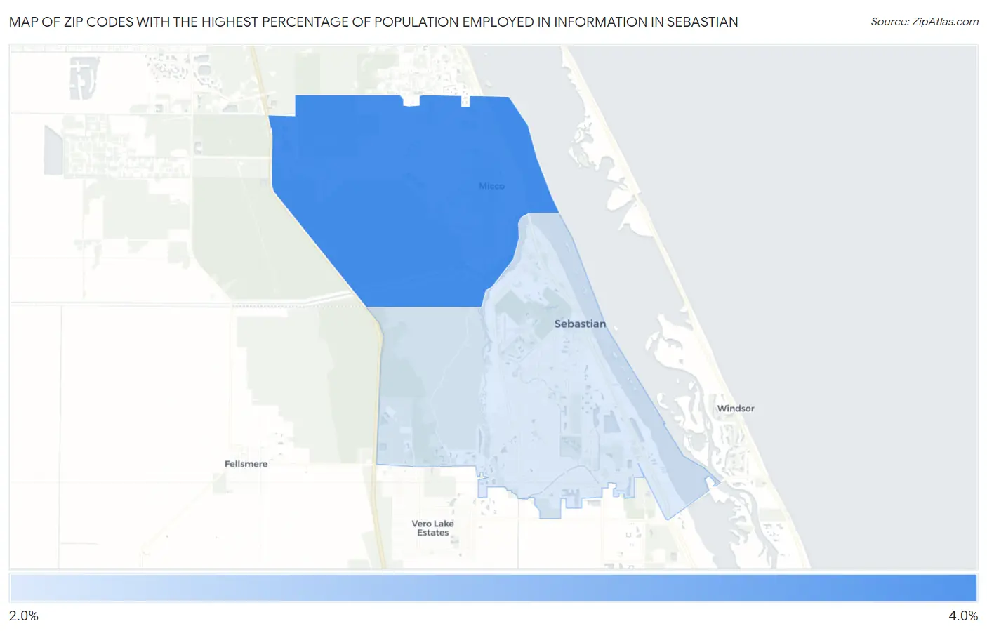 Zip Codes with the Highest Percentage of Population Employed in Information in Sebastian Map