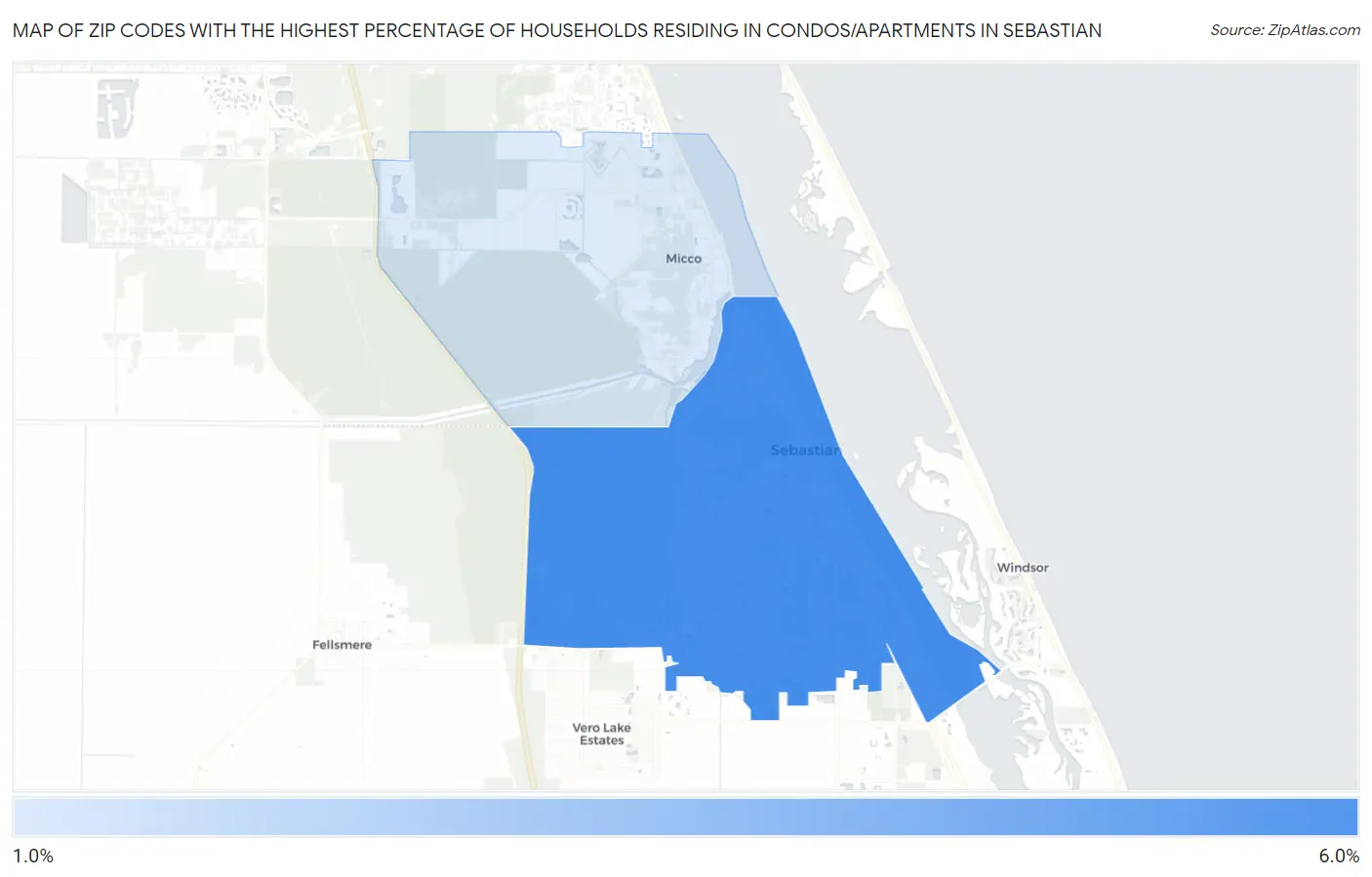 Zip Codes with the Highest Percentage of Households Residing in Condos/Apartments in Sebastian Map