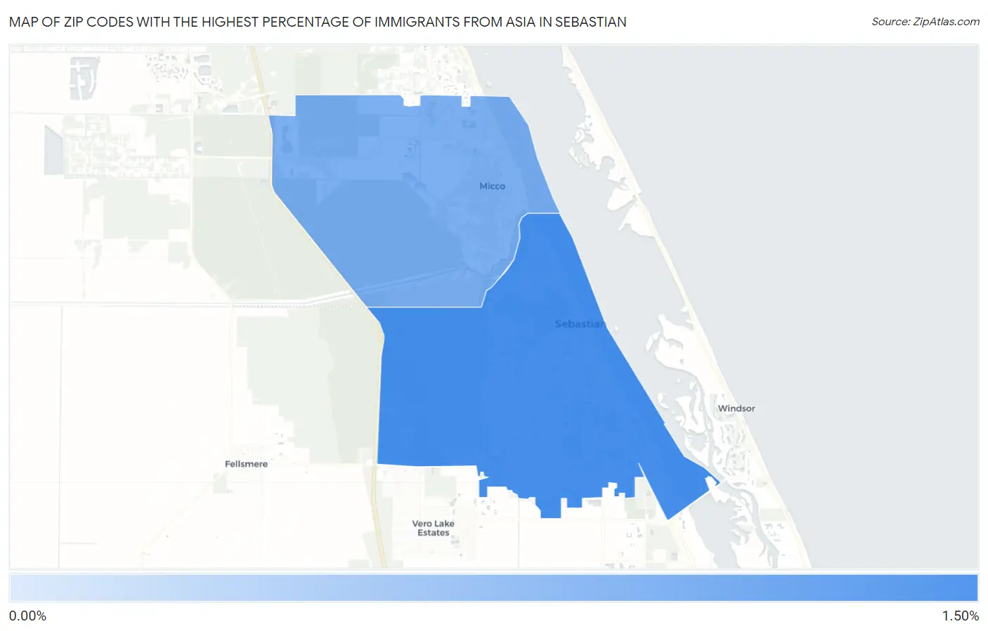 Zip Codes with the Highest Percentage of Immigrants from Asia in Sebastian Map