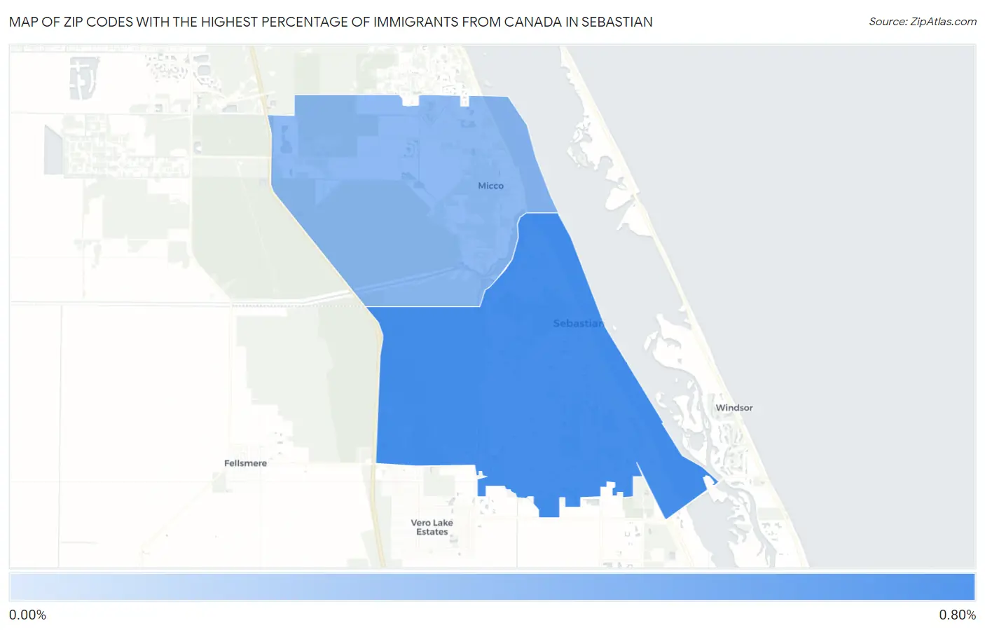 Zip Codes with the Highest Percentage of Immigrants from Canada in Sebastian Map