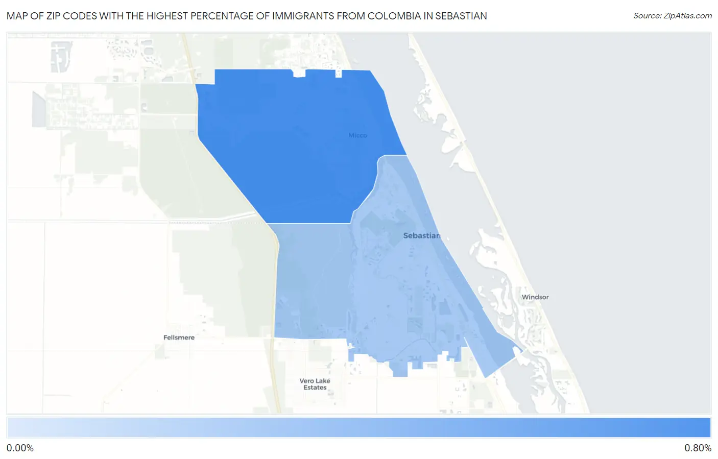 Zip Codes with the Highest Percentage of Immigrants from Colombia in Sebastian Map
