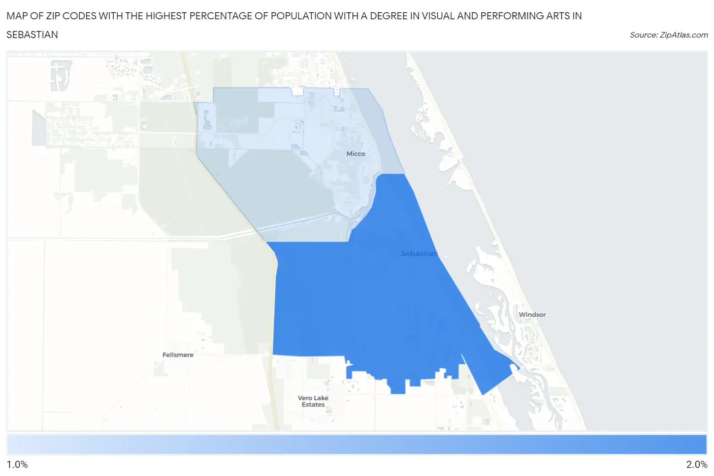 Zip Codes with the Highest Percentage of Population with a Degree in Visual and Performing Arts in Sebastian Map