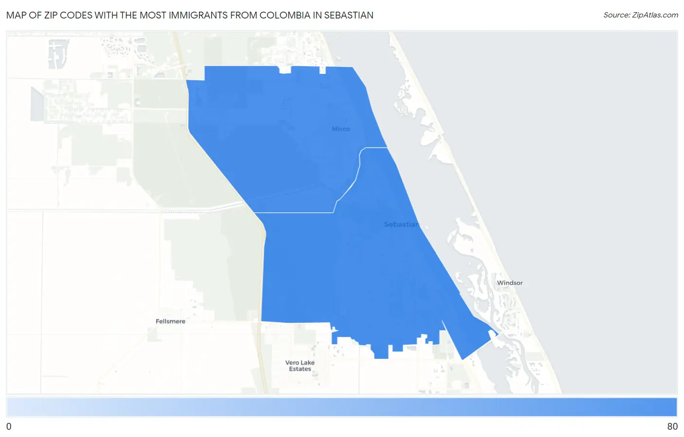 Zip Codes with the Most Immigrants from Colombia in Sebastian Map