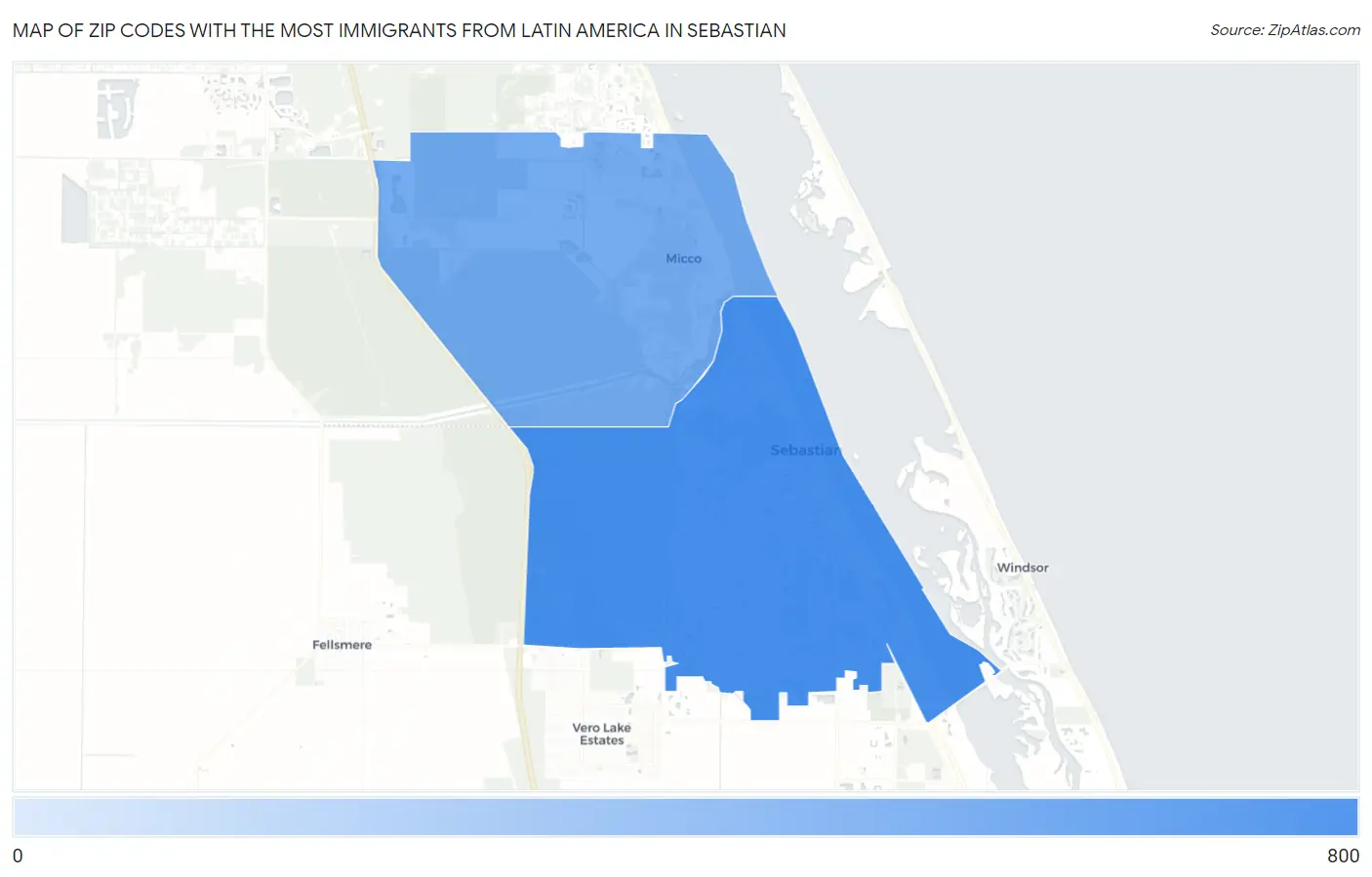 Zip Codes with the Most Immigrants from Latin America in Sebastian Map