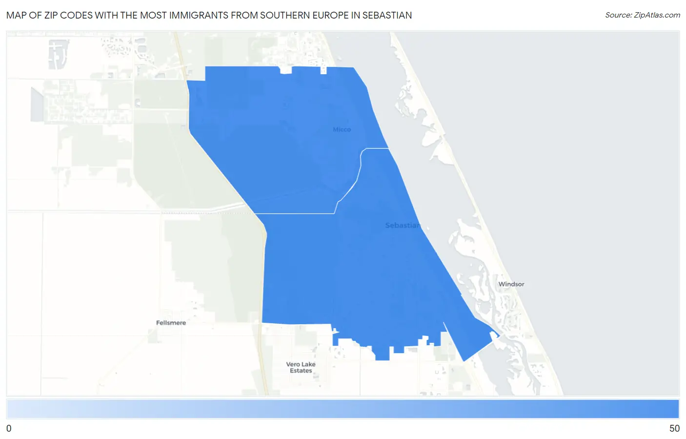 Zip Codes with the Most Immigrants from Southern Europe in Sebastian Map
