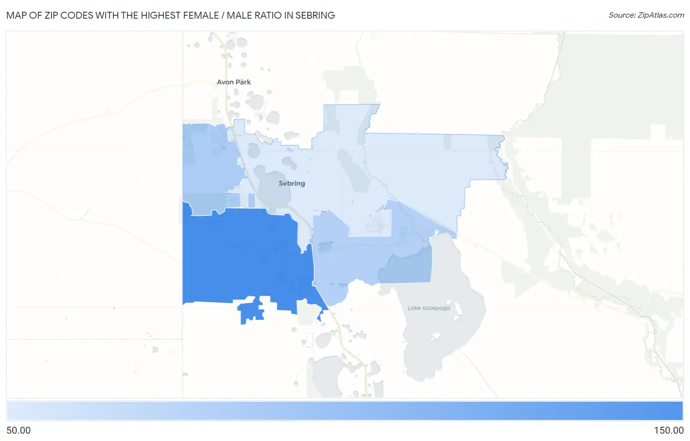 Zip Codes with the Highest Female / Male Ratio in Sebring Map