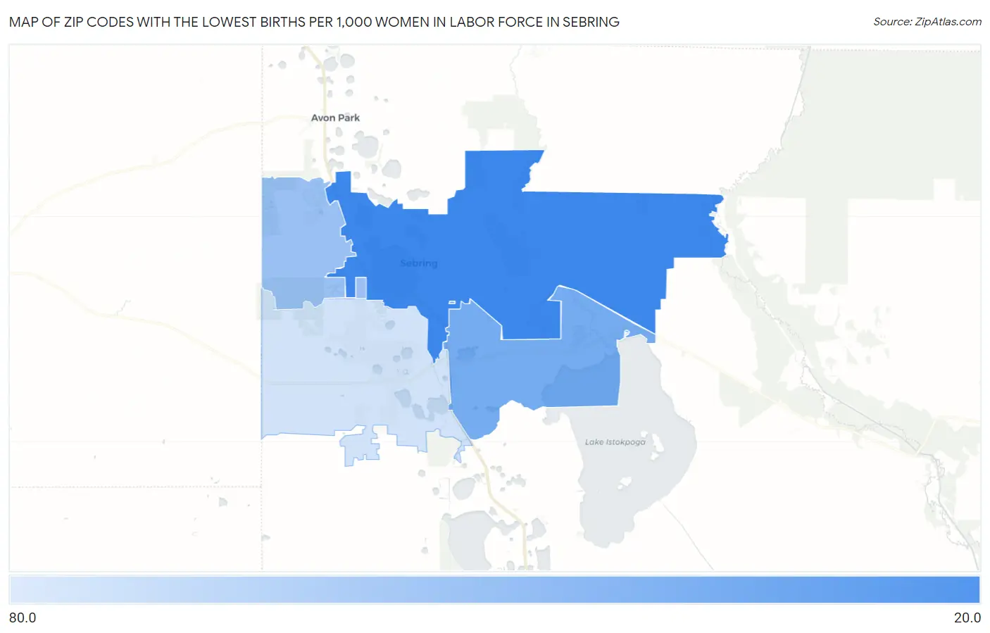 Zip Codes with the Lowest Births per 1,000 Women in Labor Force in Sebring Map