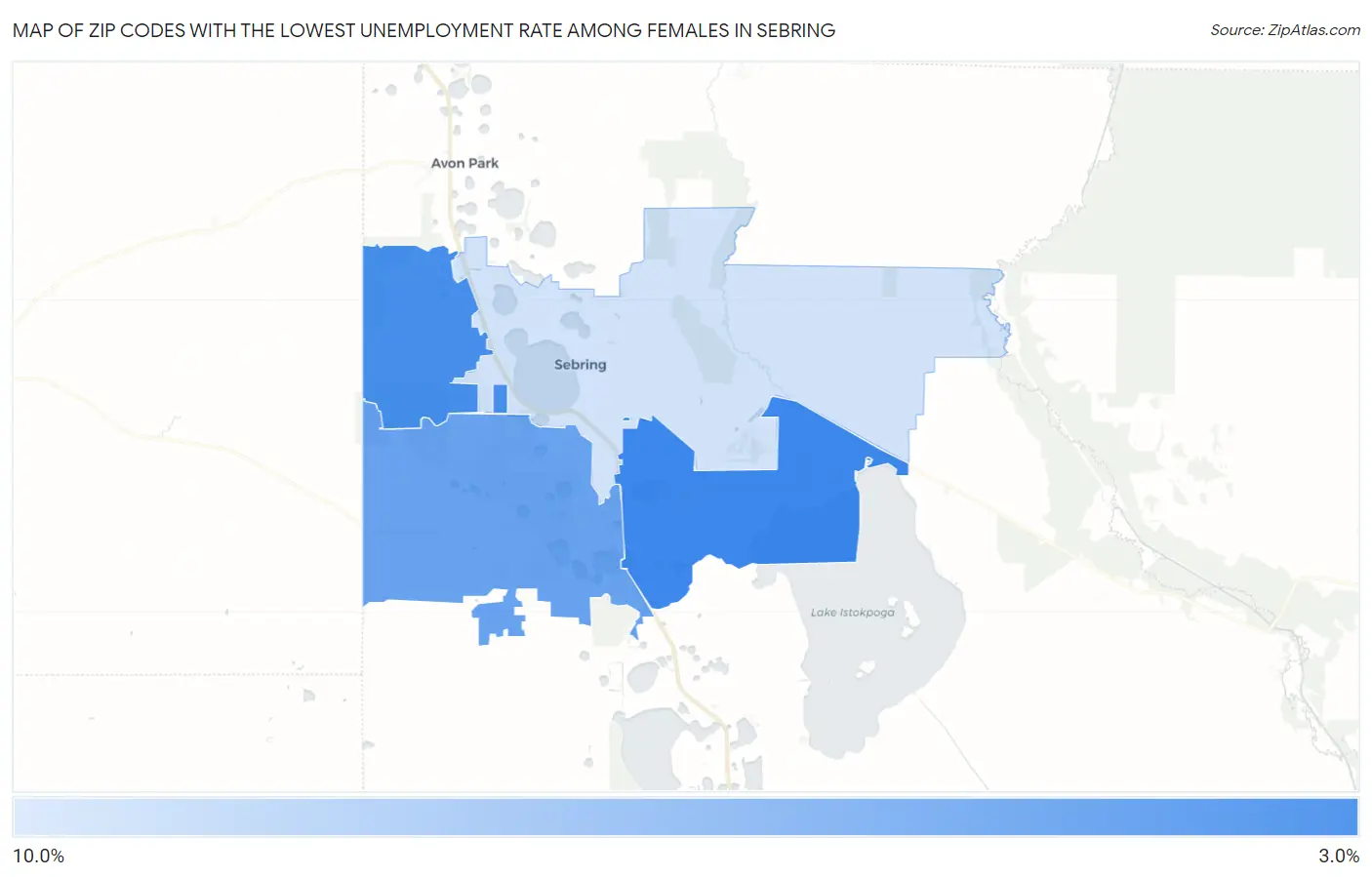 Zip Codes with the Lowest Unemployment Rate Among Females in Sebring Map