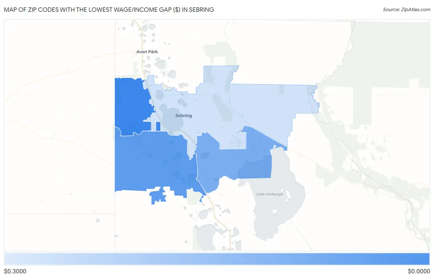 Zip Codes with the Lowest Wage/Income Gap ($) in Sebring Map
