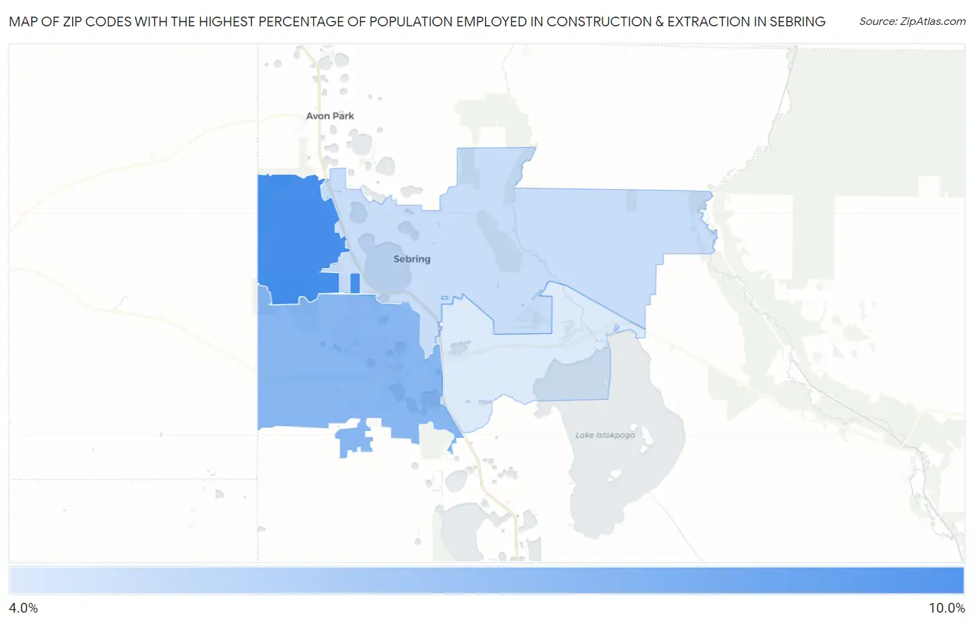 Zip Codes with the Highest Percentage of Population Employed in Construction & Extraction in Sebring Map