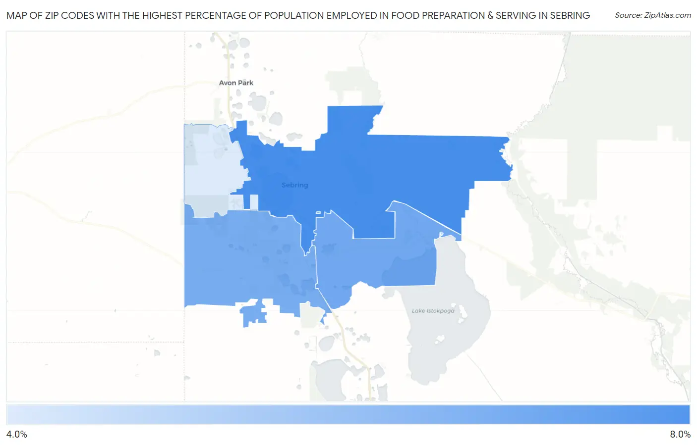 Zip Codes with the Highest Percentage of Population Employed in Food Preparation & Serving in Sebring Map