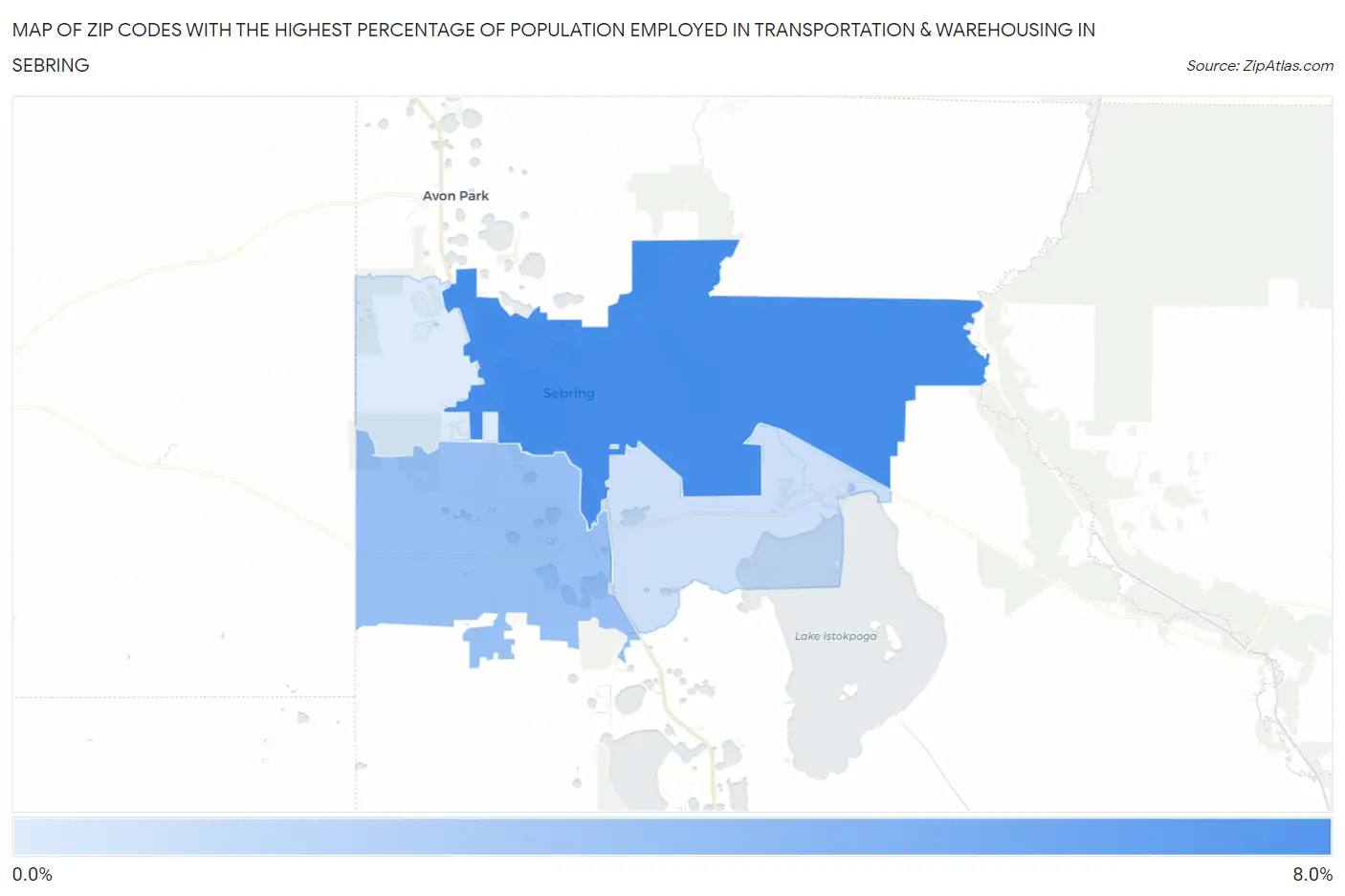 Zip Codes with the Highest Percentage of Population Employed in Transportation & Warehousing in Sebring Map