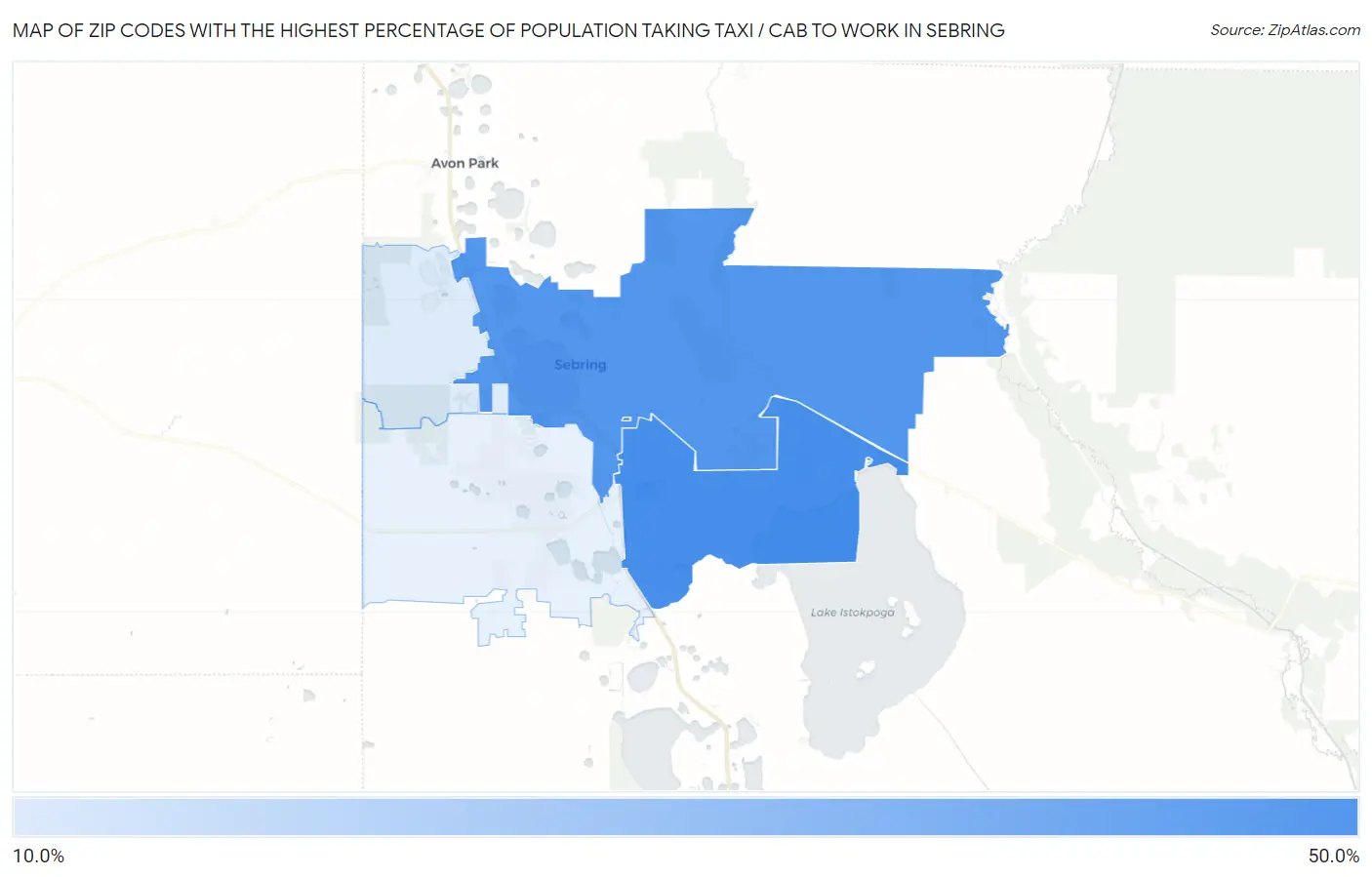 Zip Codes with the Highest Percentage of Population Taking Taxi / Cab to Work in Sebring Map