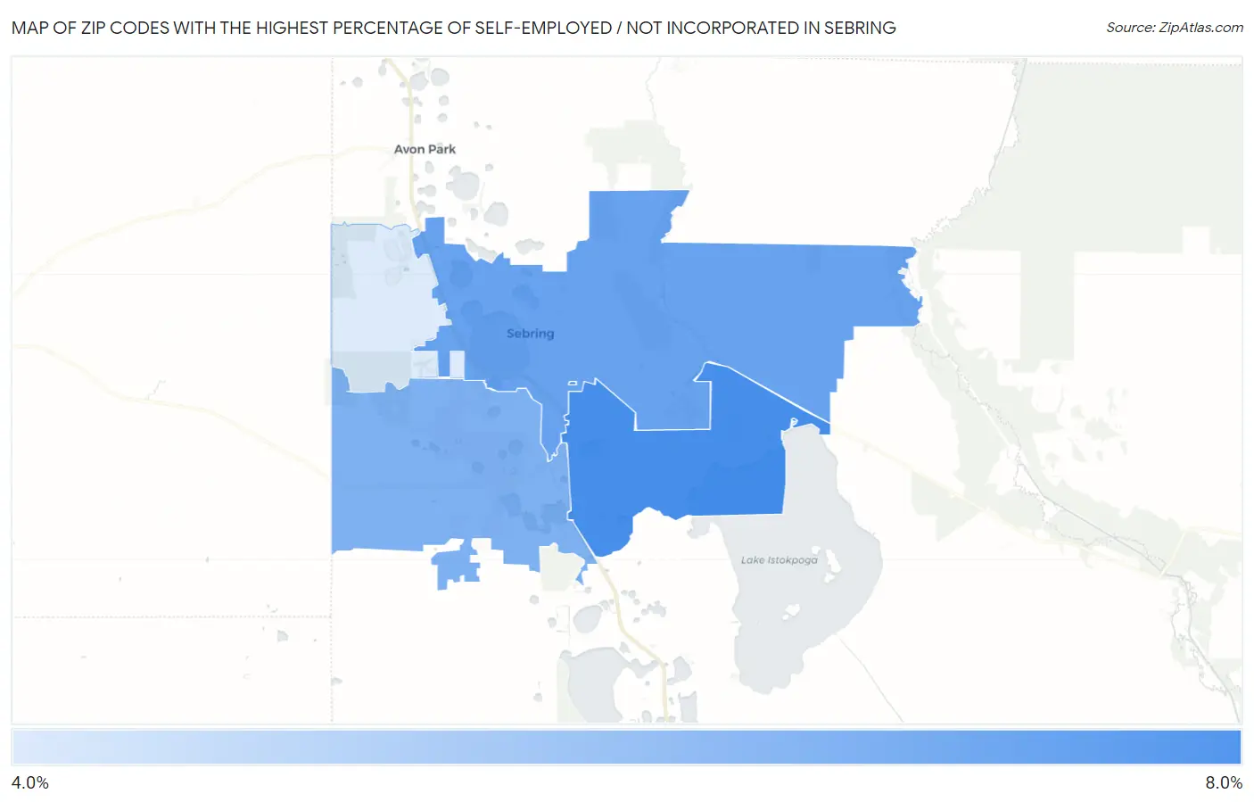 Zip Codes with the Highest Percentage of Self-Employed / Not Incorporated in Sebring Map