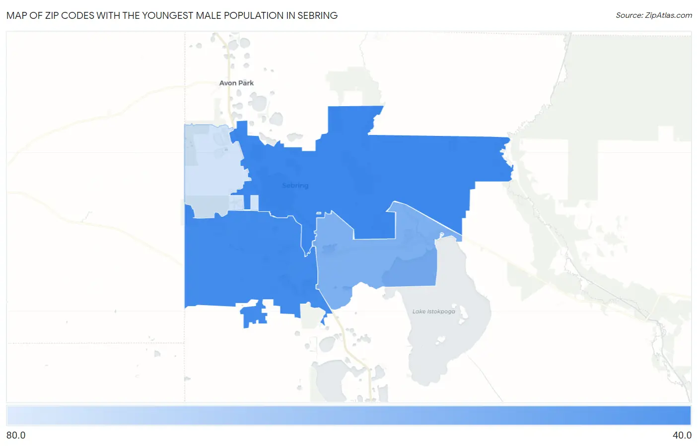 Zip Codes with the Youngest Male Population in Sebring Map