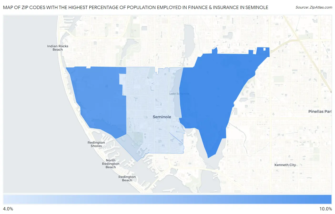 Zip Codes with the Highest Percentage of Population Employed in Finance & Insurance in Seminole Map
