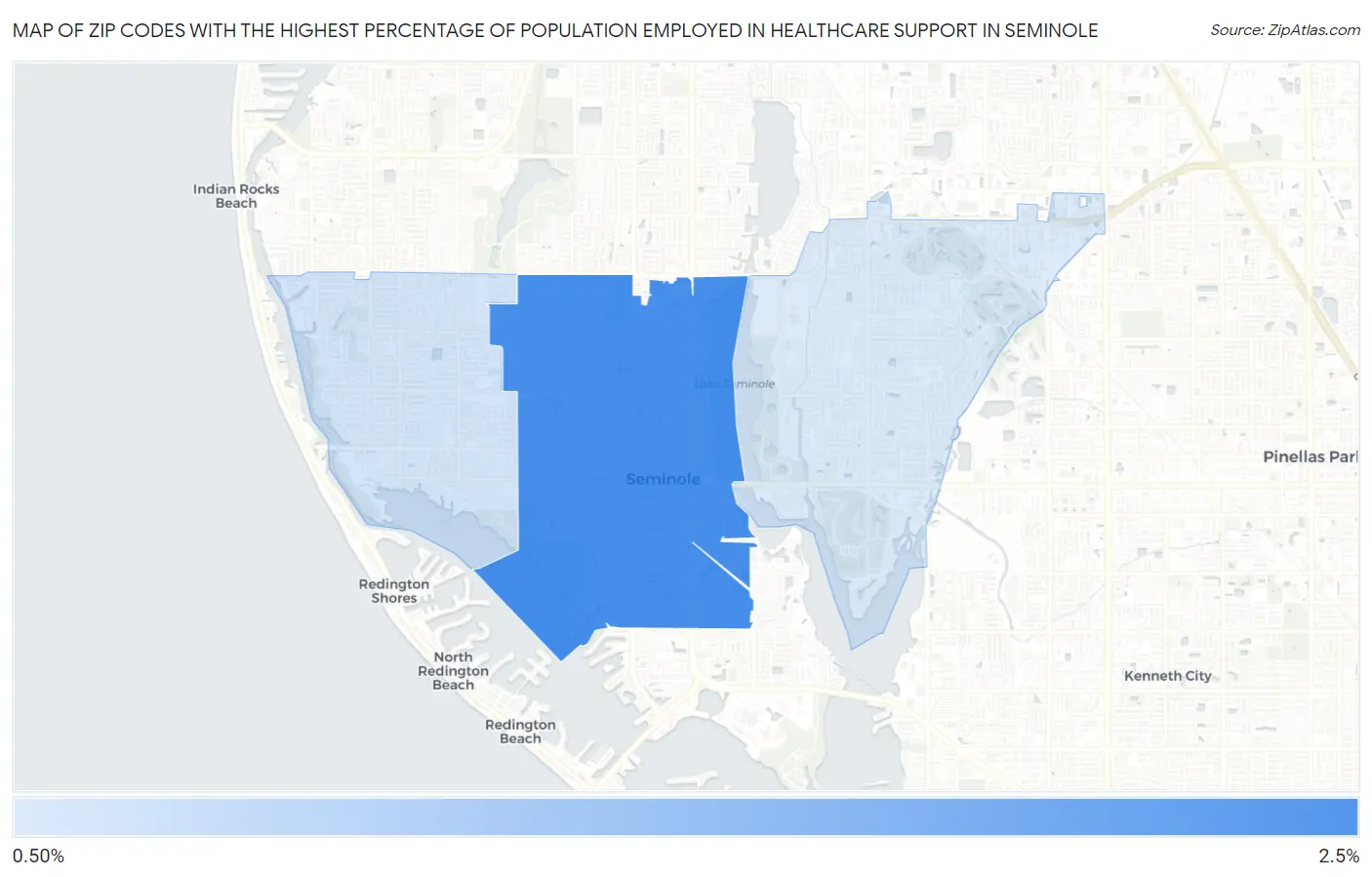 Zip Codes with the Highest Percentage of Population Employed in Healthcare Support in Seminole Map