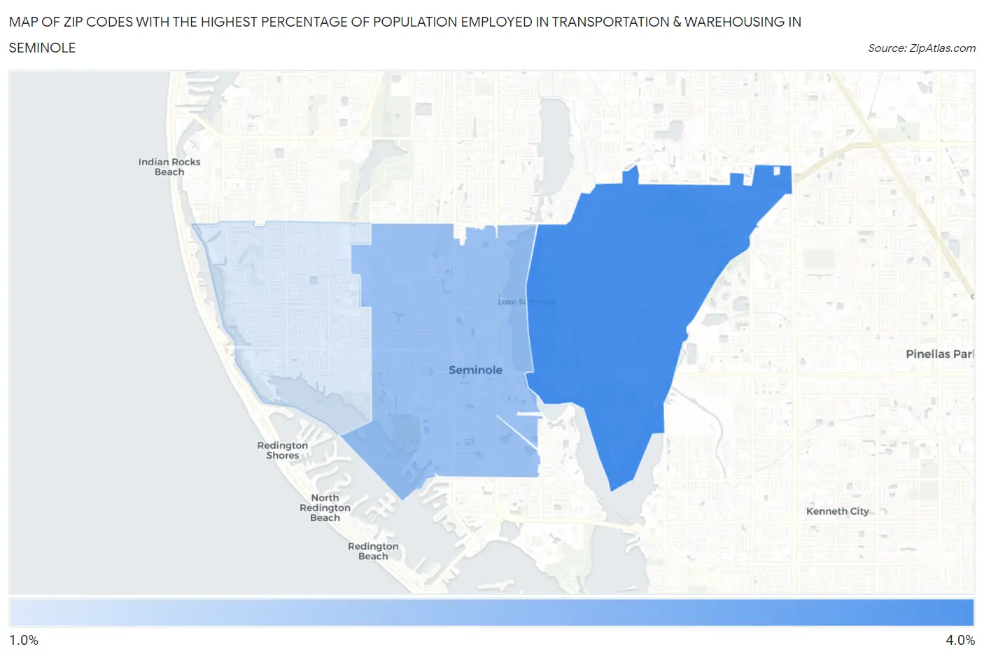 Zip Codes with the Highest Percentage of Population Employed in Transportation & Warehousing in Seminole Map