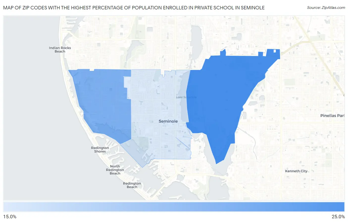 Zip Codes with the Highest Percentage of Population Enrolled in Private School in Seminole Map