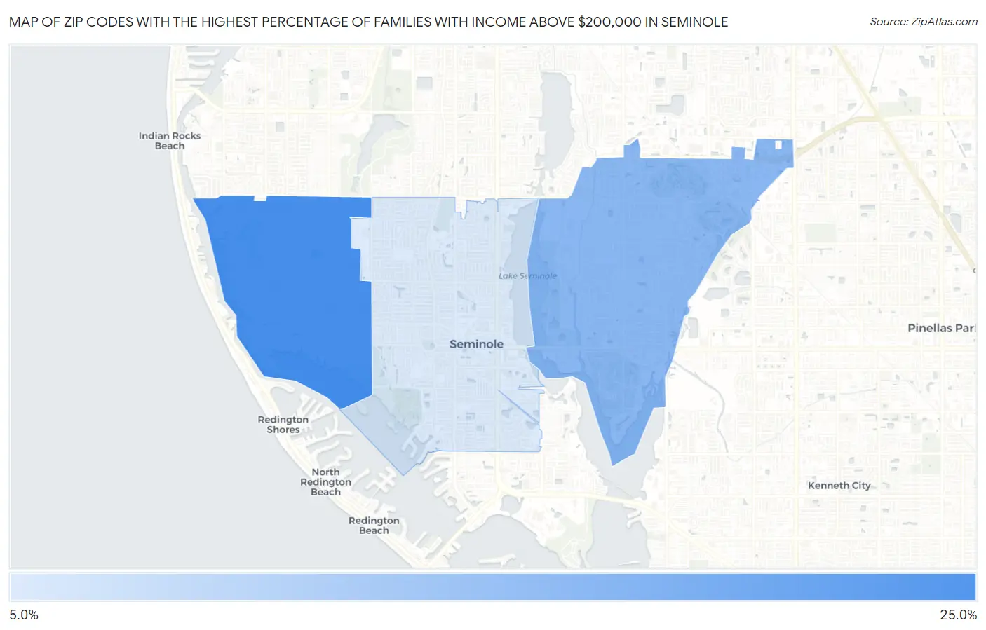 Zip Codes with the Highest Percentage of Families with Income Above $200,000 in Seminole Map