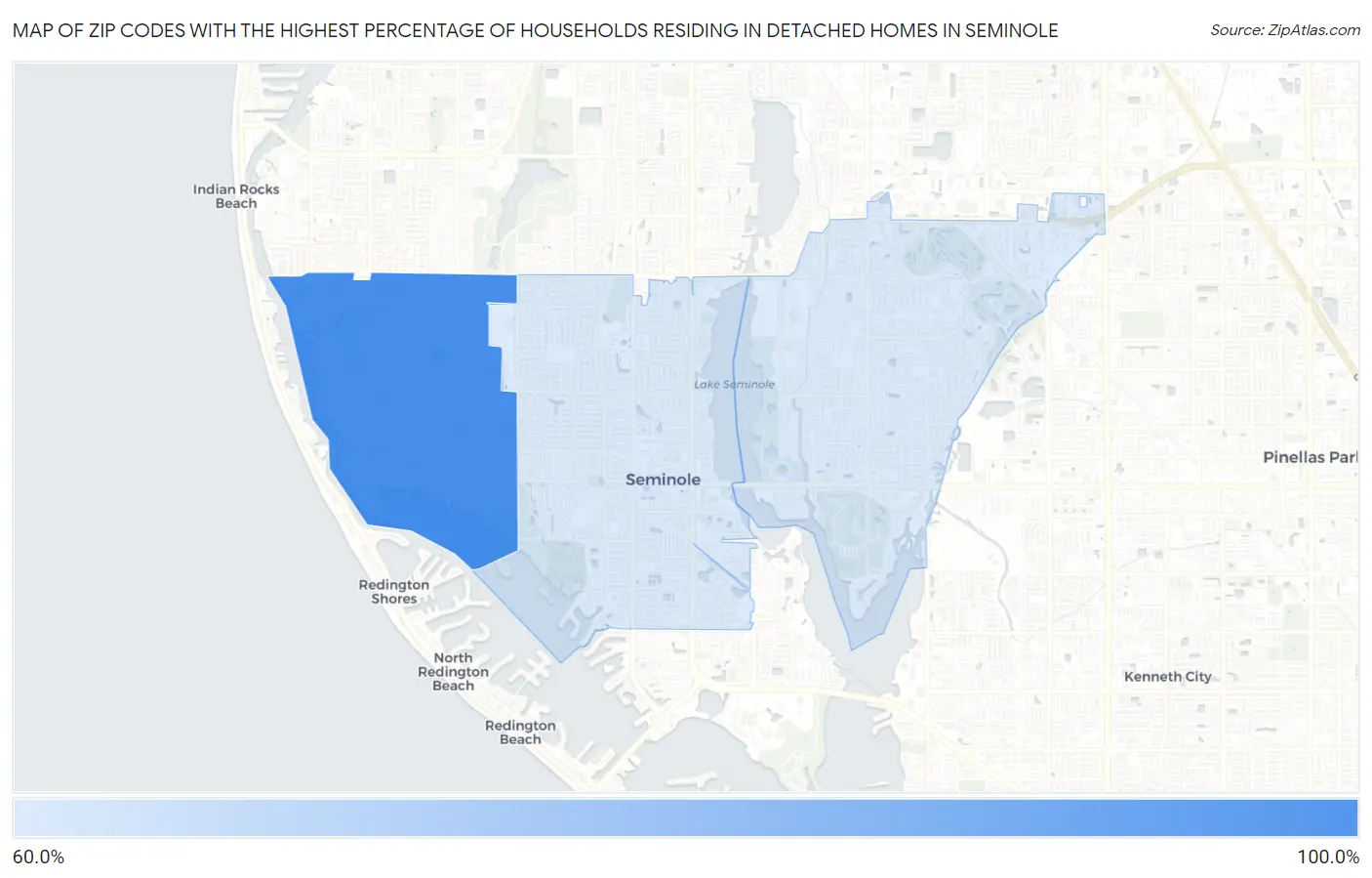 Zip Codes with the Highest Percentage of Households Residing in Detached Homes in Seminole Map