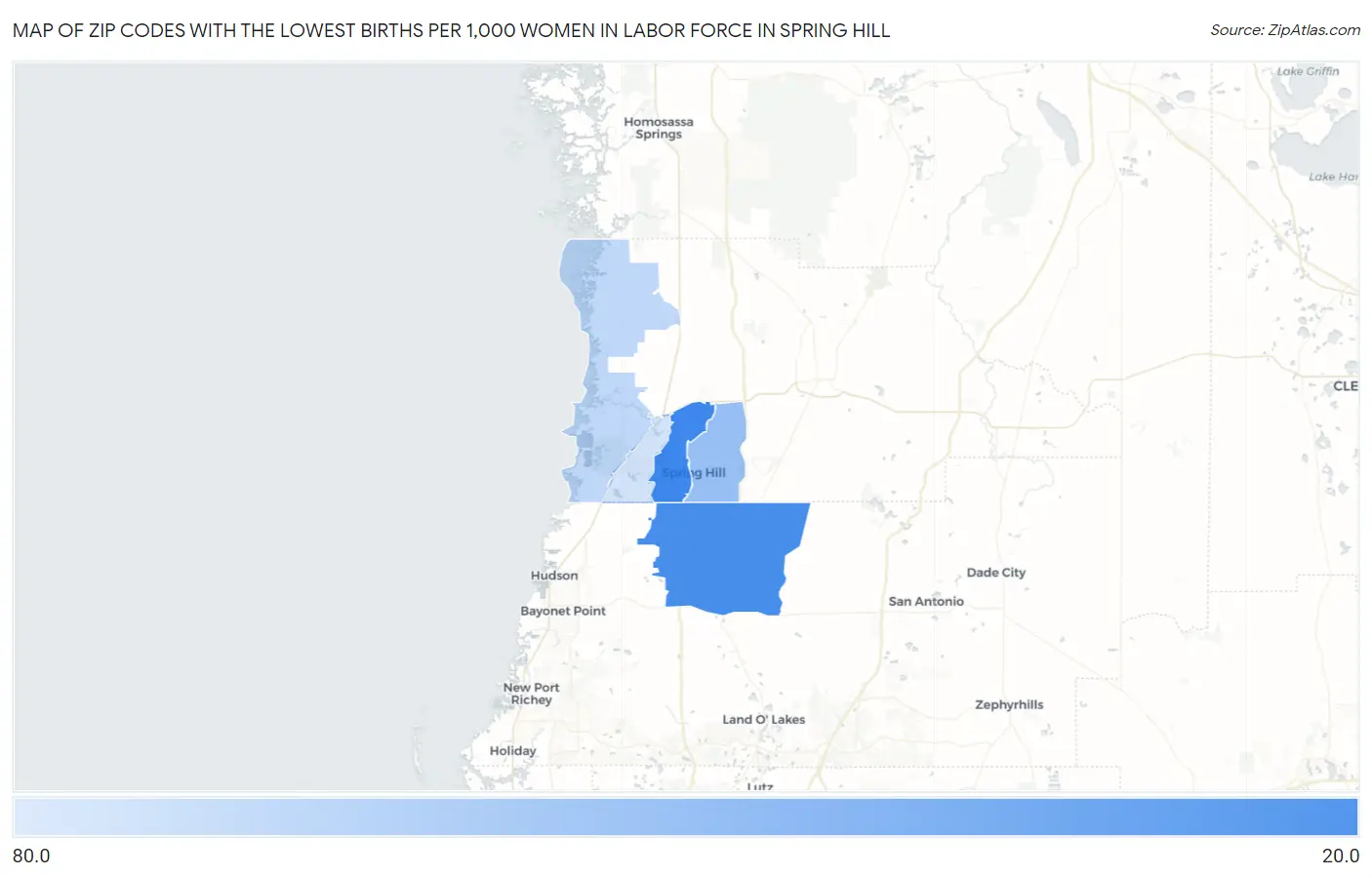 Zip Codes with the Lowest Births per 1,000 Women in Labor Force in Spring Hill Map
