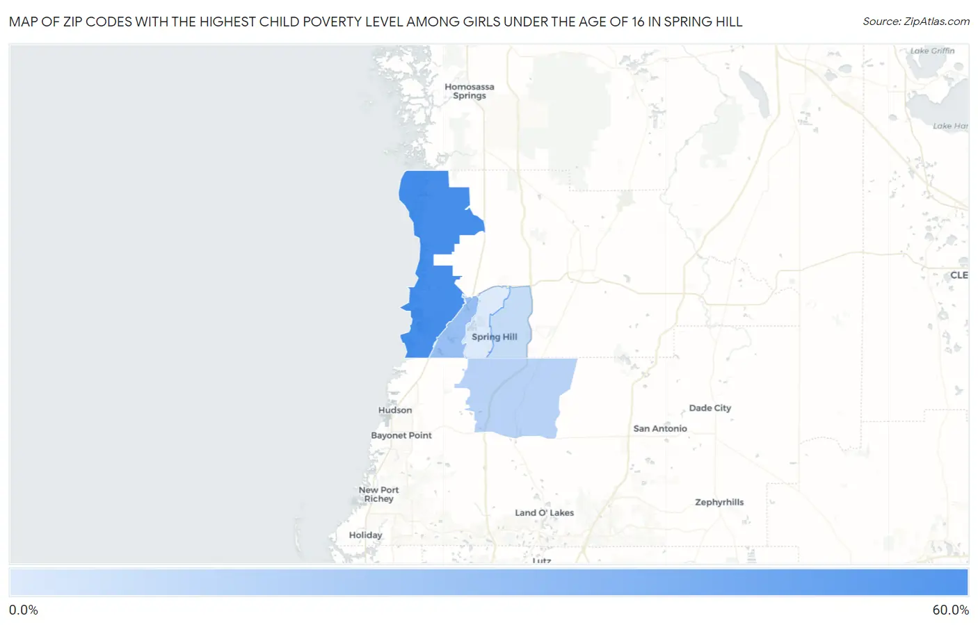 Zip Codes with the Highest Child Poverty Level Among Girls Under the Age of 16 in Spring Hill Map