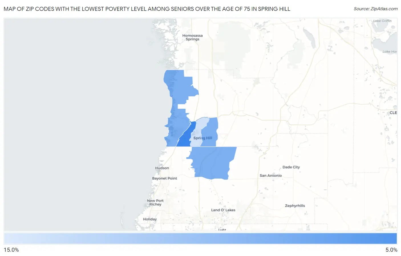 Zip Codes with the Lowest Poverty Level Among Seniors Over the Age of 75 in Spring Hill Map