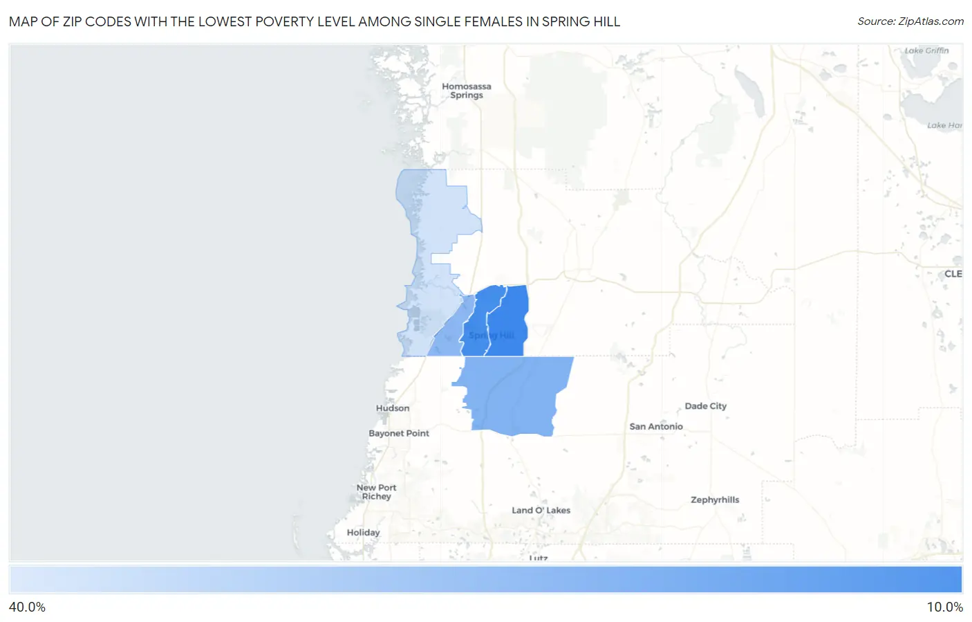 Zip Codes with the Lowest Poverty Level Among Single Females in Spring Hill Map