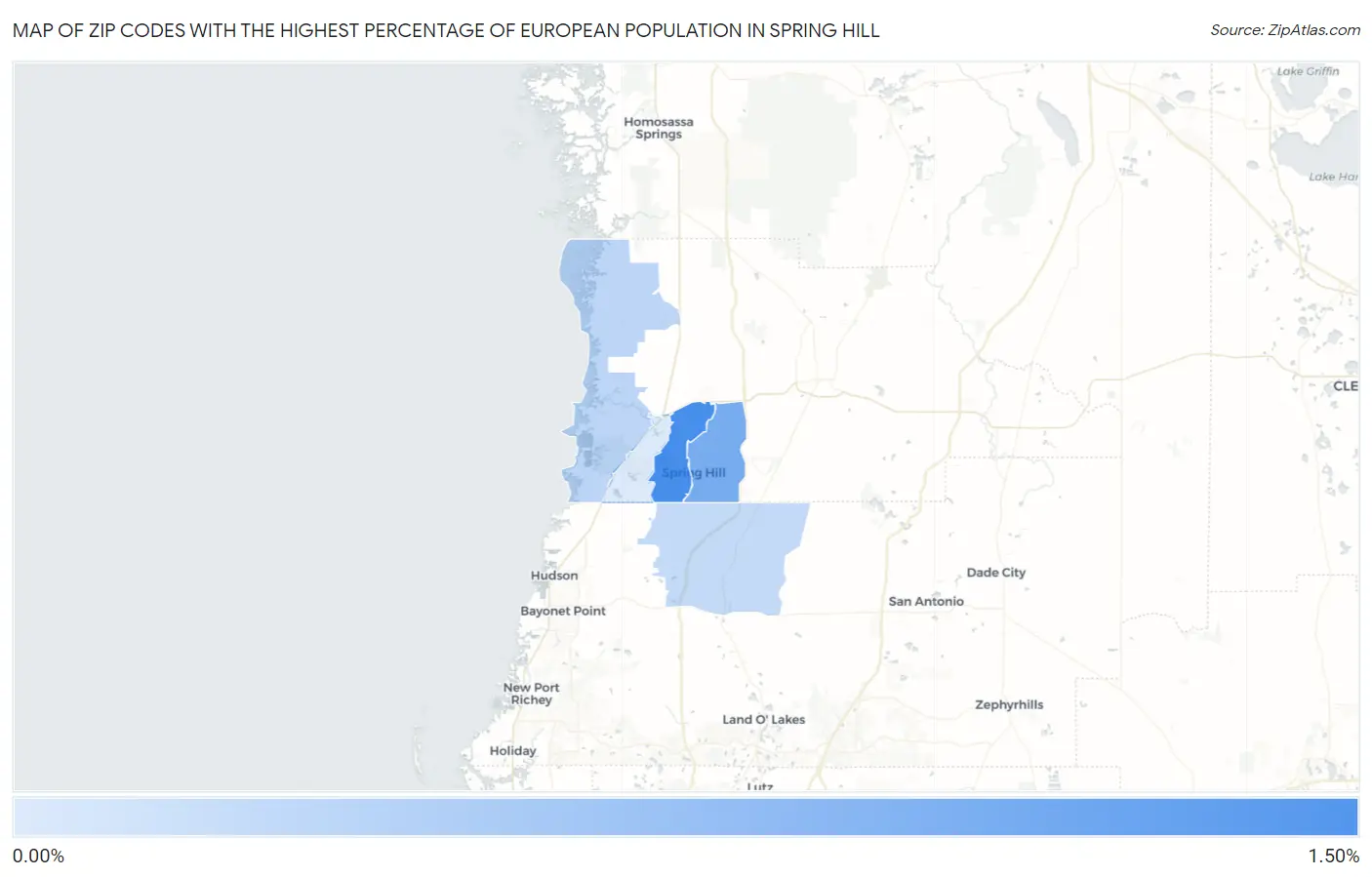 Zip Codes with the Highest Percentage of European Population in Spring Hill Map