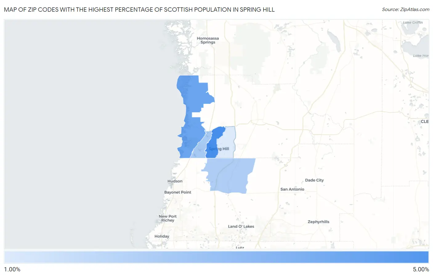 Zip Codes with the Highest Percentage of Scottish Population in Spring Hill Map
