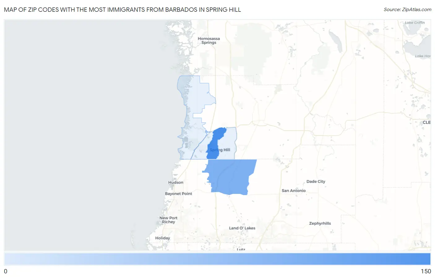 Zip Codes with the Most Immigrants from Barbados in Spring Hill Map