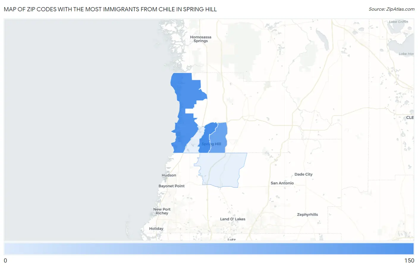 Zip Codes with the Most Immigrants from Chile in Spring Hill Map