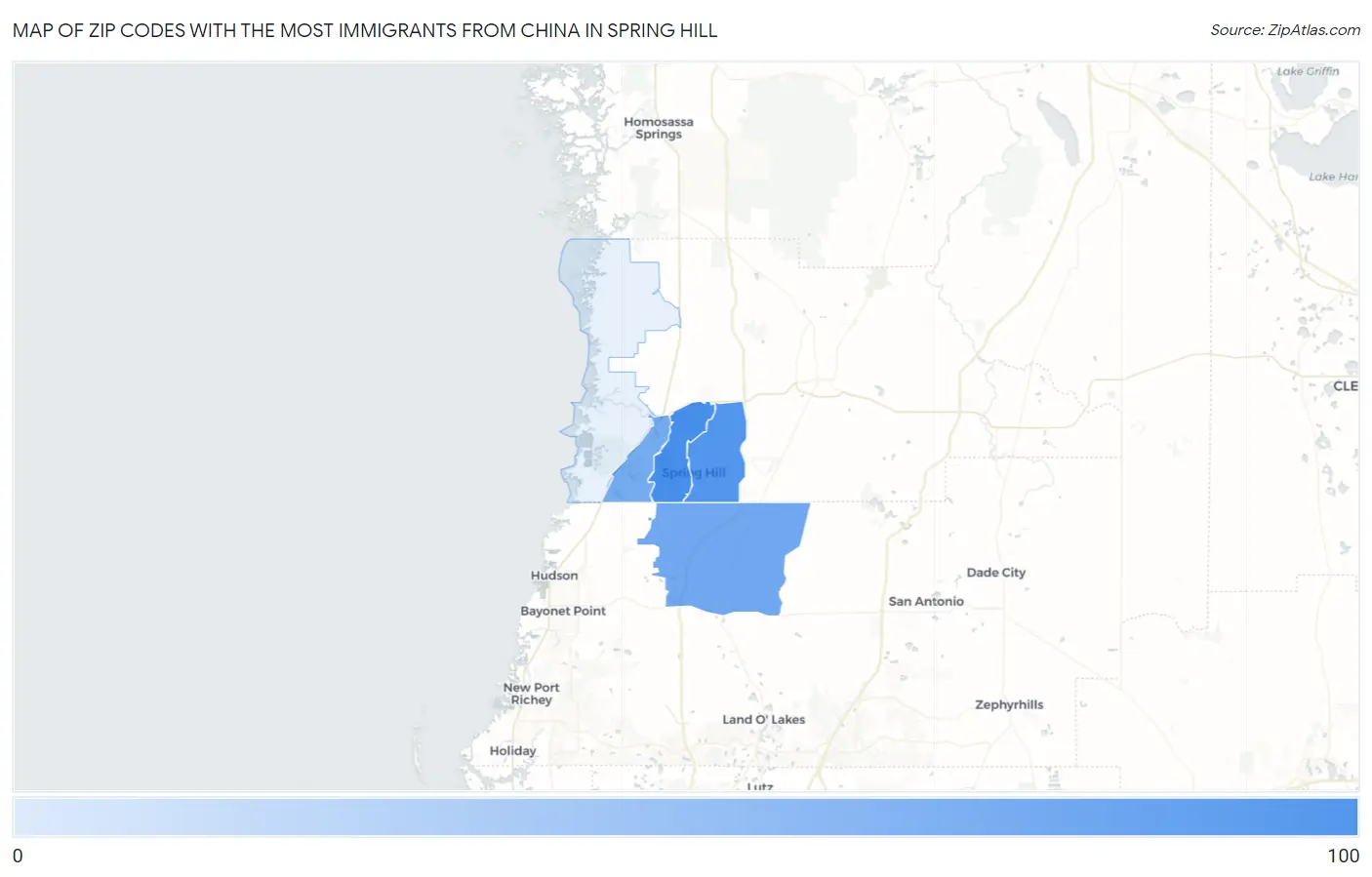 Zip Codes with the Most Immigrants from China in Spring Hill Map