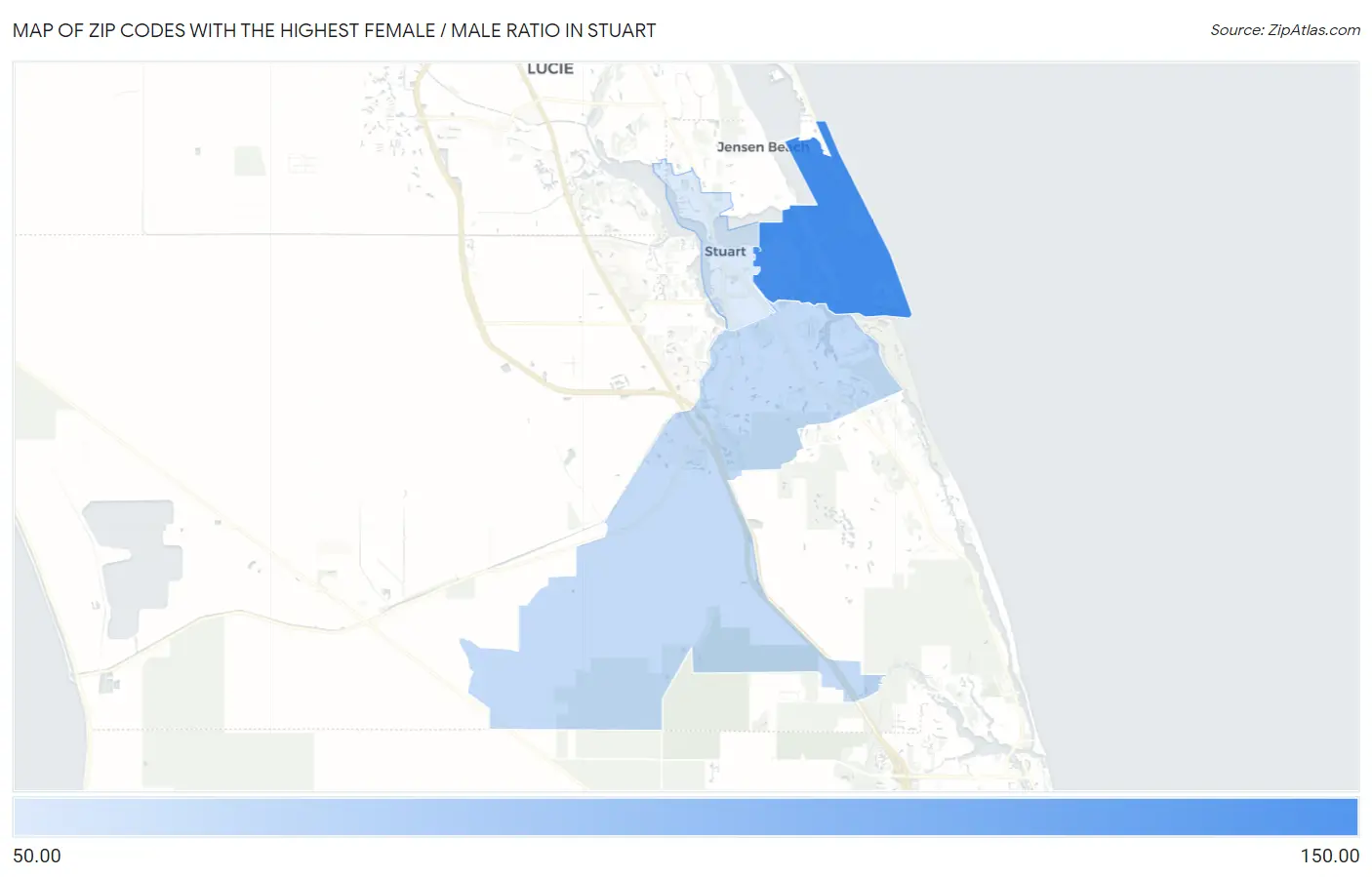 Zip Codes with the Highest Female / Male Ratio in Stuart Map