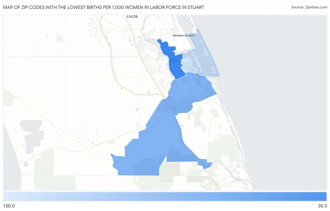 Zip Codes with the Lowest Births per 1,000 Women in Labor Force in Stuart Map