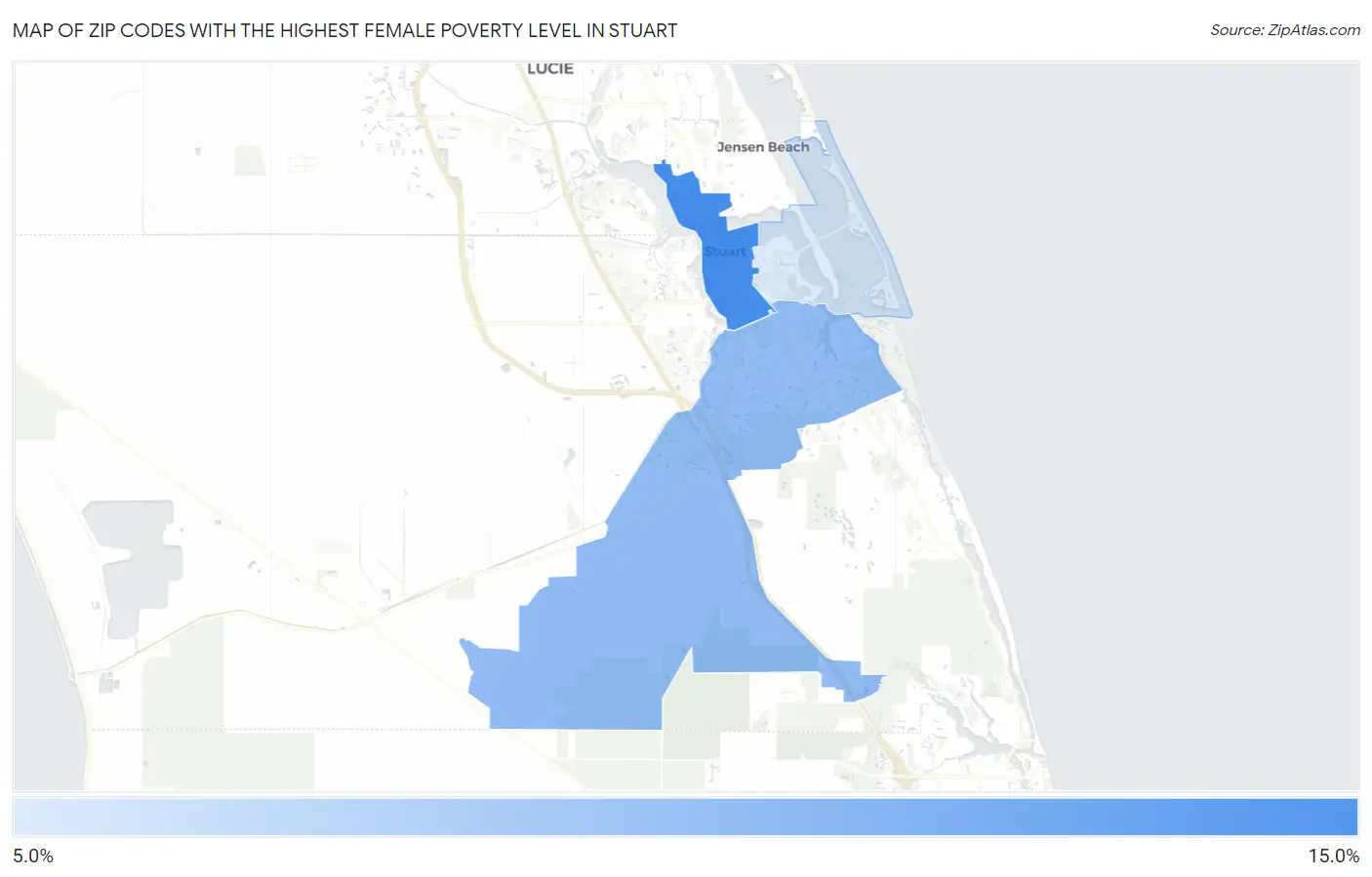 Zip Codes with the Highest Female Poverty Level in Stuart Map