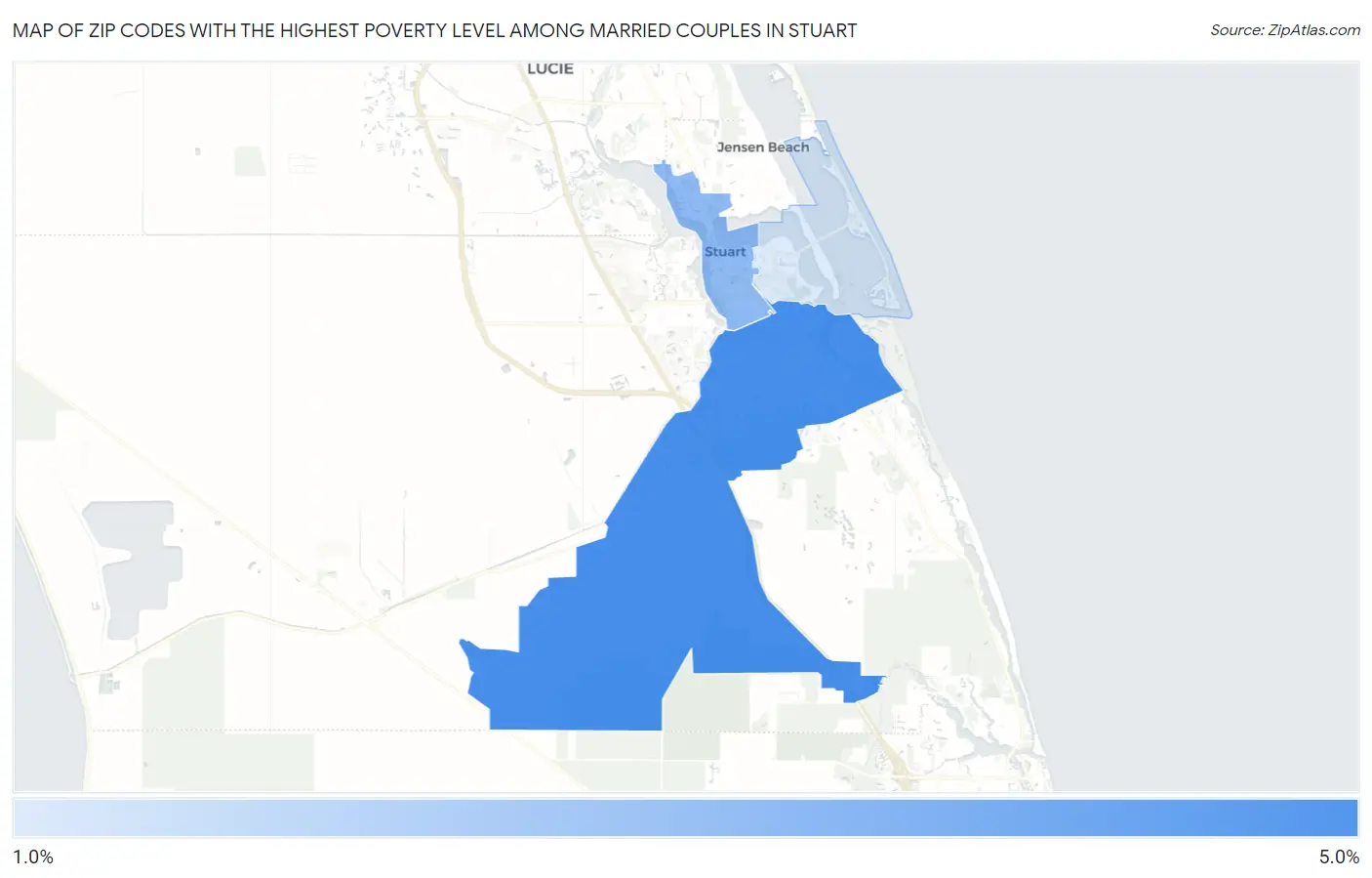 Zip Codes with the Highest Poverty Level Among Married Couples in Stuart Map
