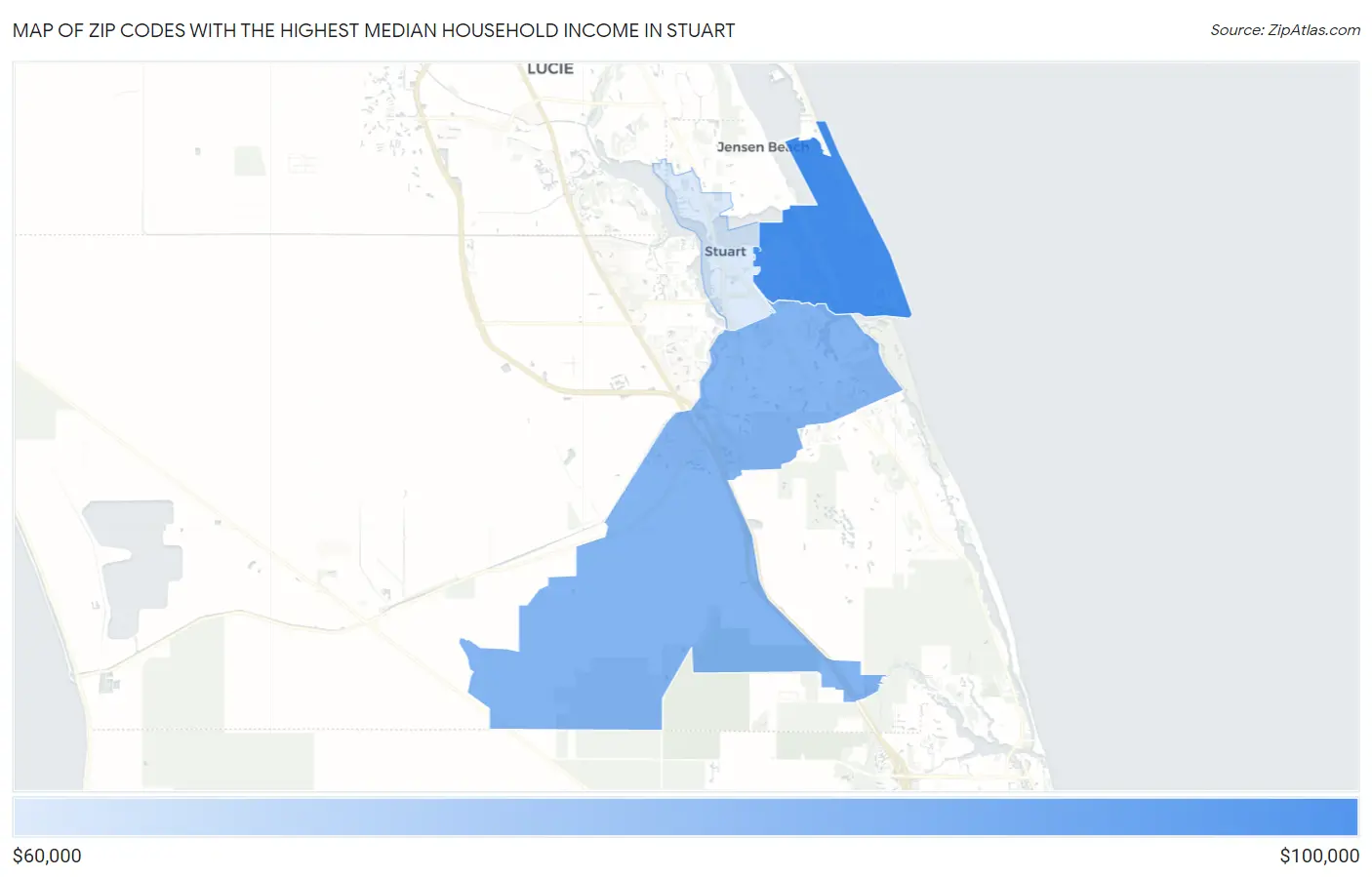 Zip Codes with the Highest Median Household Income in Stuart Map
