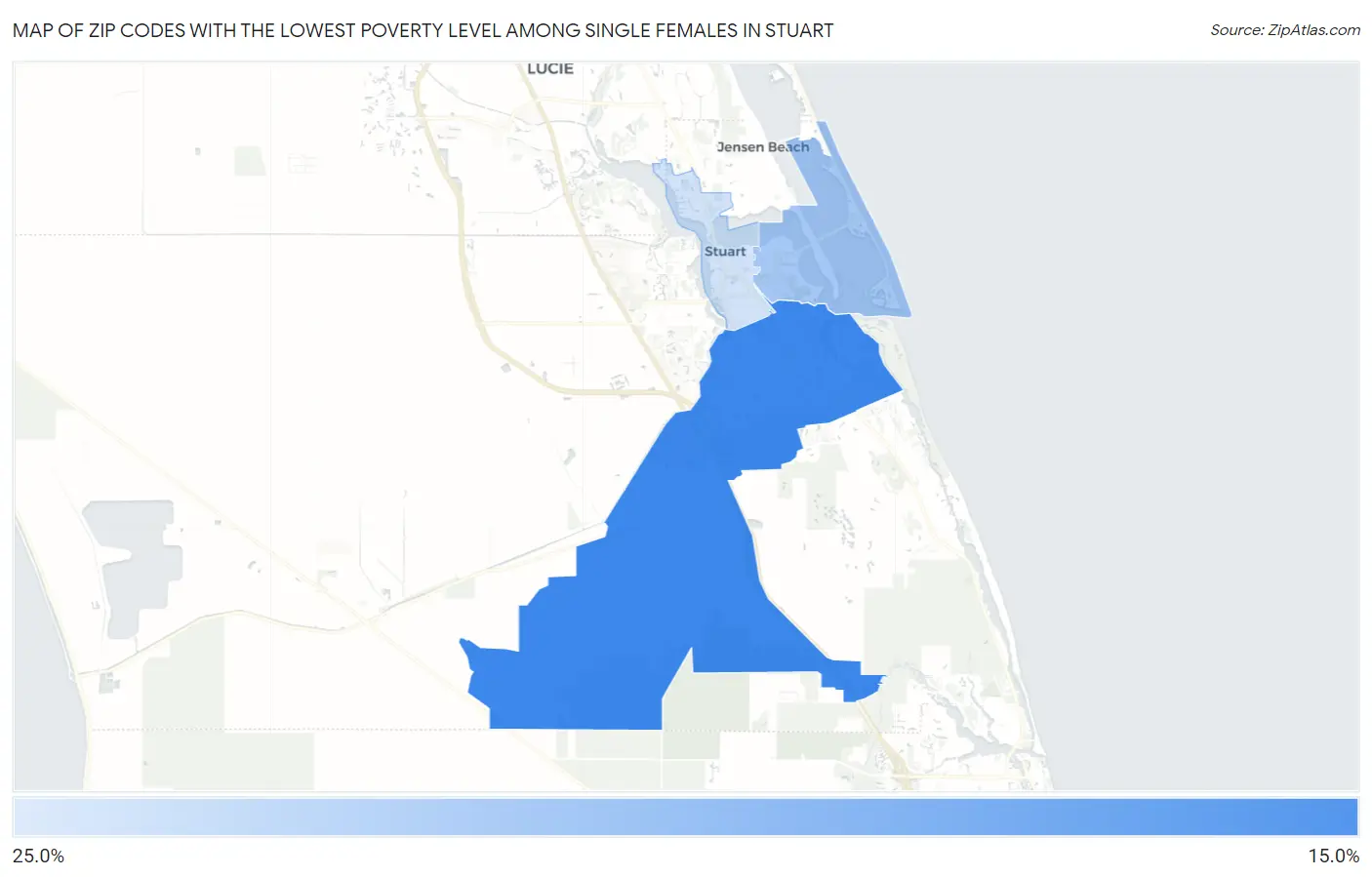 Zip Codes with the Lowest Poverty Level Among Single Females in Stuart Map