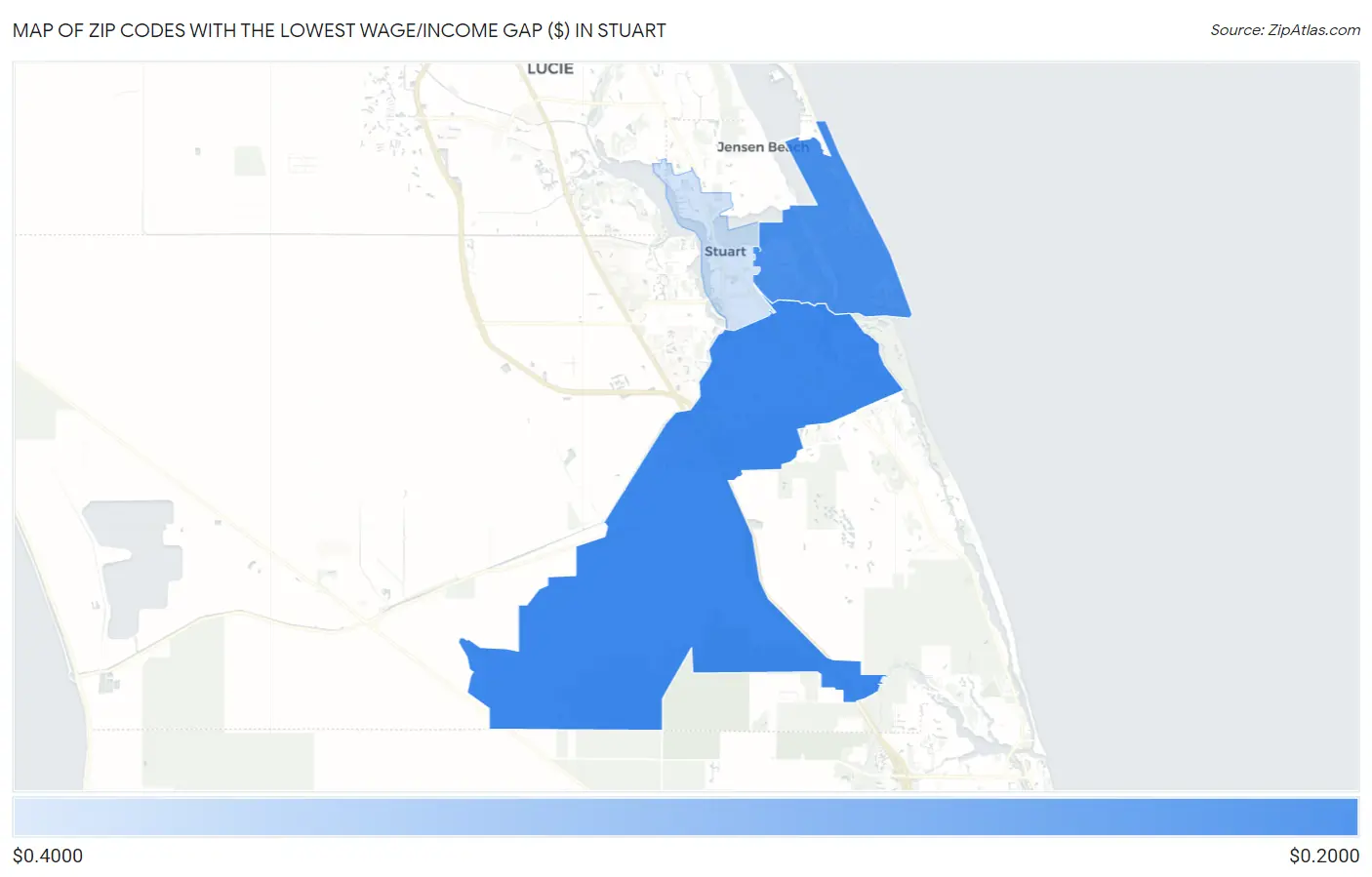 Zip Codes with the Lowest Wage/Income Gap ($) in Stuart Map